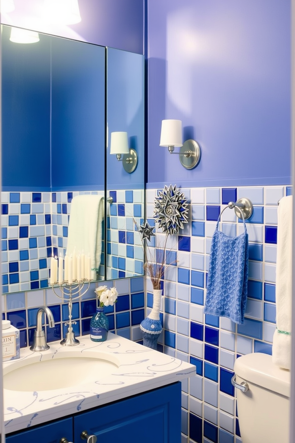 A serene bathroom scene featuring a blue and white tiled backsplash that adds a vibrant touch to the space. The decor is enhanced with subtle Hanukkah elements, such as a decorative menorah on the countertop and festive blue and silver accents throughout the room.