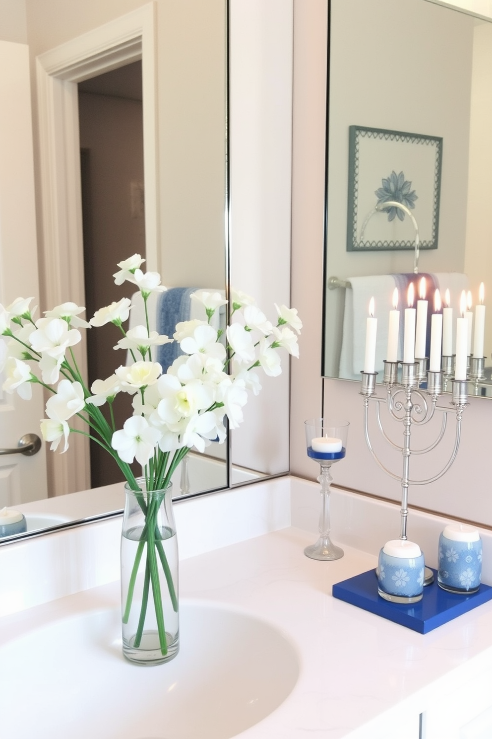 Fresh white flowers in a simple glass vase are placed on the countertop, adding a touch of elegance to the space. The bathroom features soft lighting that enhances the serene atmosphere, creating a perfect backdrop for relaxation. For Hanukkah decorating ideas, consider incorporating blue and silver accents throughout the bathroom. Decorative candles in elegant holders can be placed near the sink, while a tasteful menorah adds a festive touch to the vanity.