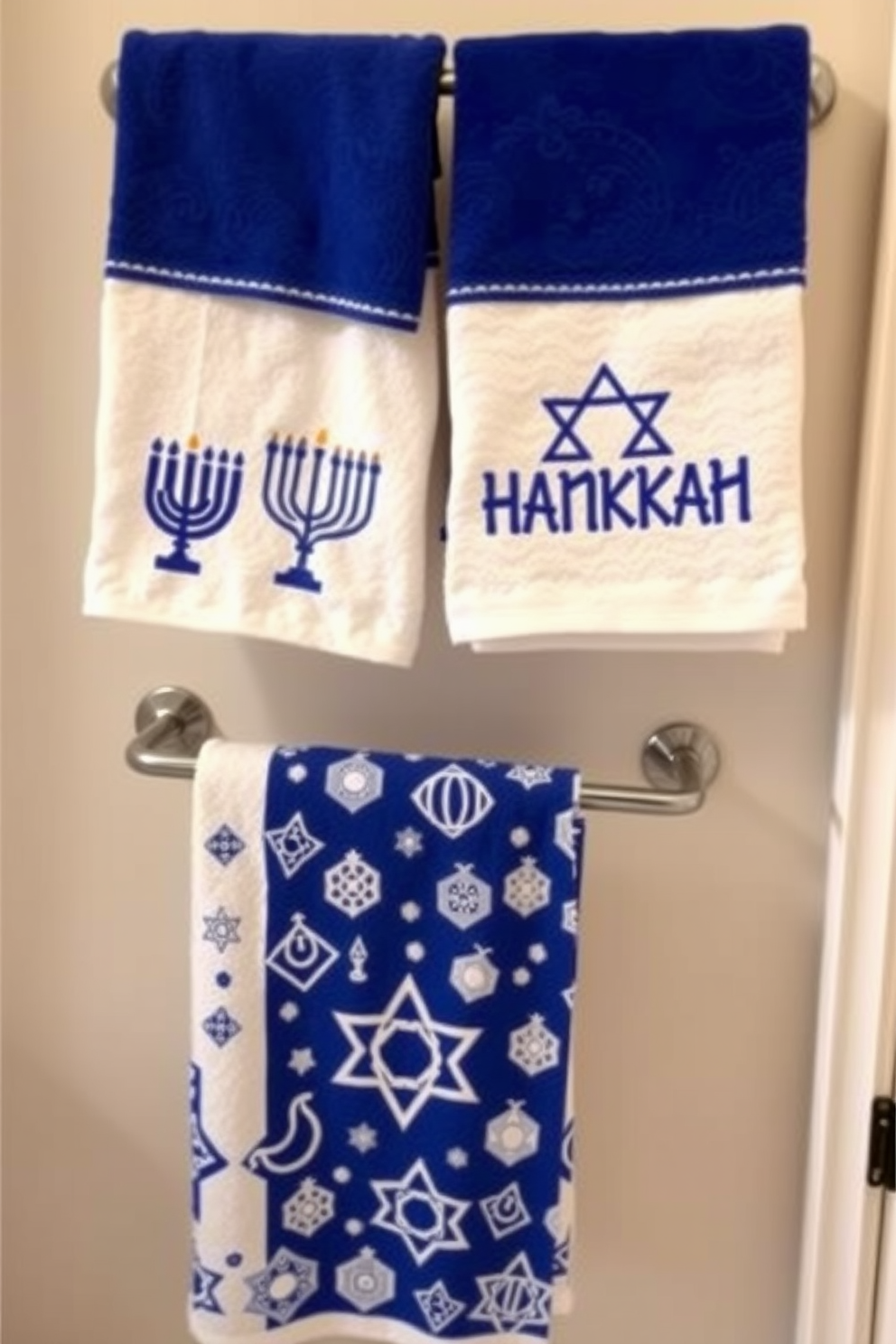 A festive bathroom setting adorned with Hanukkah themed hand towels. The towels feature blue and white patterns, including menorahs and dreidels, elegantly displayed on a stylish towel rack.