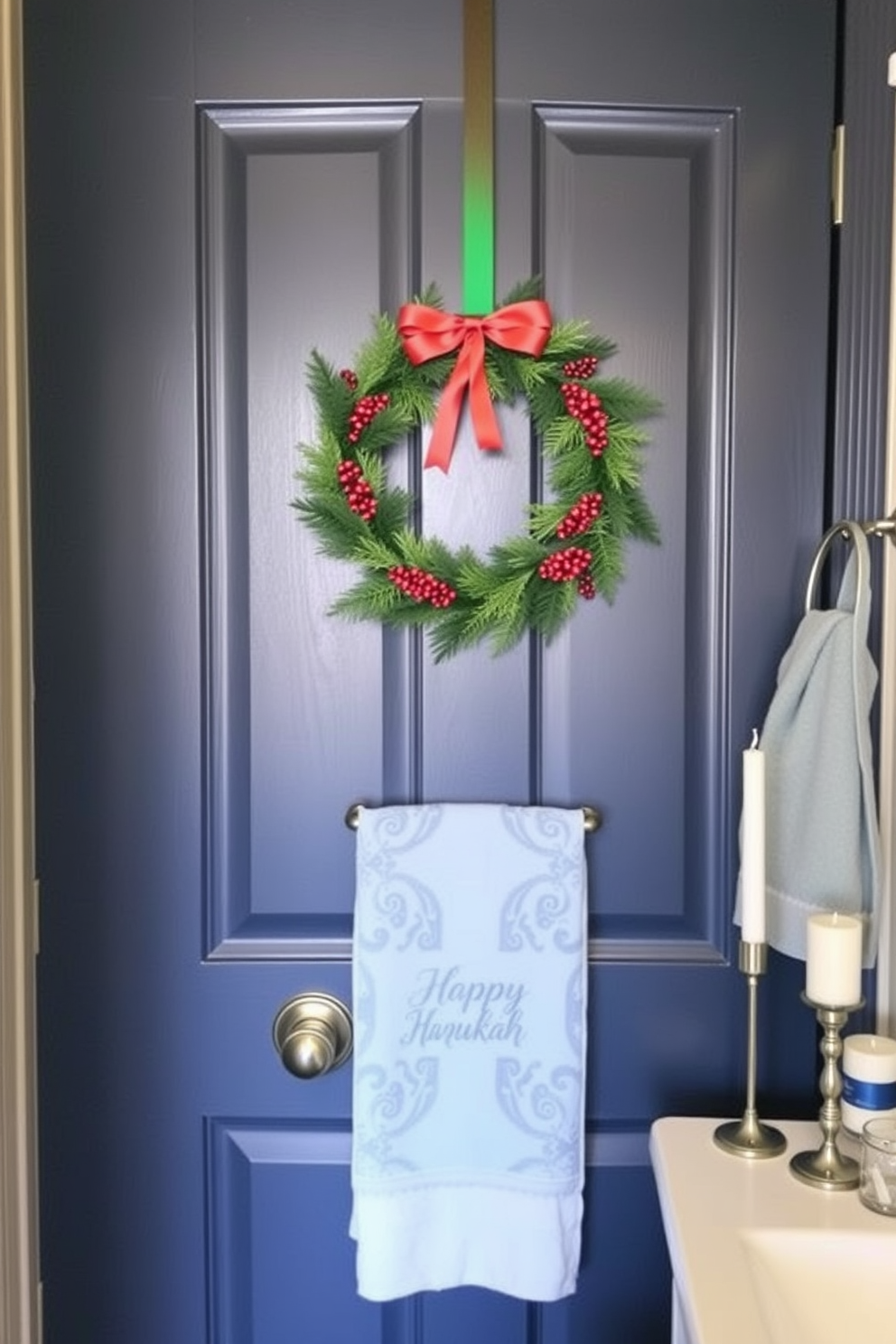 A charming holiday wreath adorned with festive red and green accents hangs on a classic wooden door. The door is painted in a rich navy blue, providing a striking contrast to the vibrant wreath. For the bathroom, elegant Hanukkah decorations create a serene atmosphere. Soft blue and silver tones are incorporated through towels, candles, and decorative accents to celebrate the season.