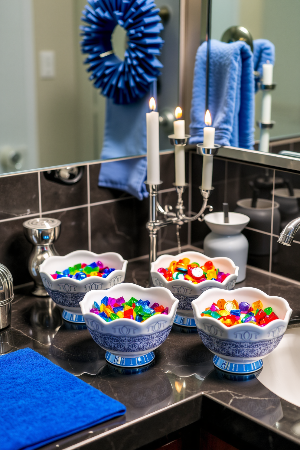 A festive bathroom setting for Hanukkah featuring decorative bowls filled with colorful gelt. The bowls are arranged on a sleek countertop, complemented by blue and silver accents throughout the space.