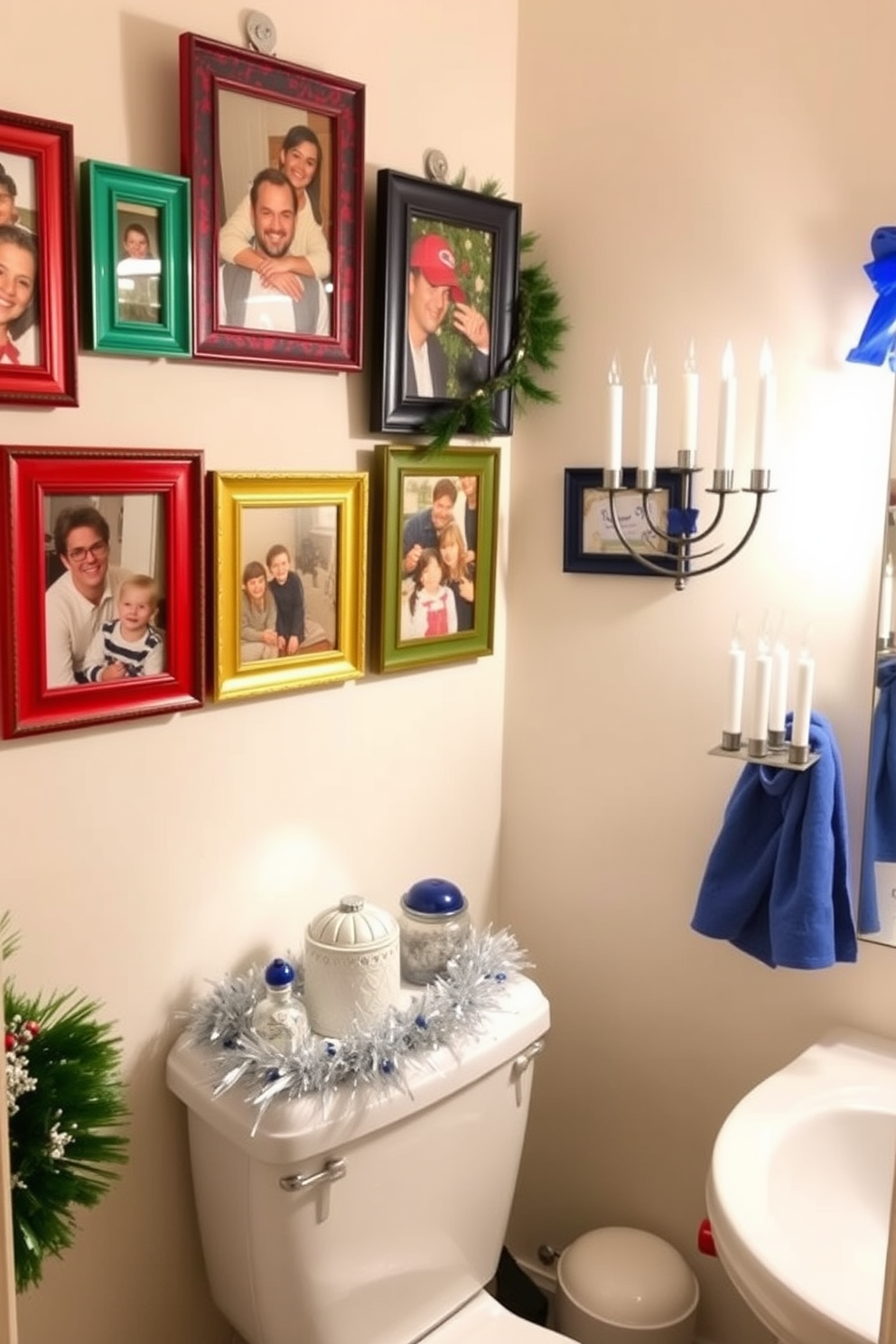 Framed family photos are displayed in colorful holiday frames, capturing joyful memories of past celebrations. The bathroom is adorned with festive Hanukkah decorations, including blue and silver accents that create a warm and inviting atmosphere.