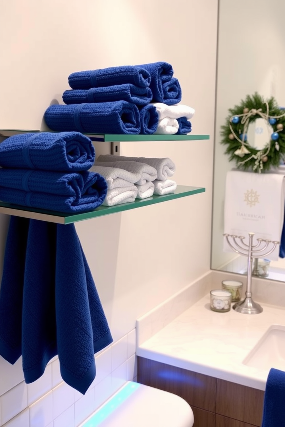 A neatly arranged display of blue and silver washcloths is set on a sleek bathroom shelf. The washcloths are folded into elegant shapes, creating a visually appealing and festive atmosphere. The bathroom is adorned with subtle Hanukkah decorations, including a menorah placed on the countertop. Soft blue lighting enhances the serene ambiance, complementing the holiday theme.