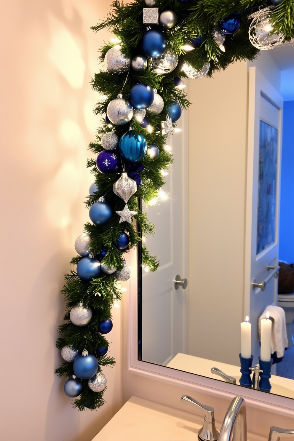 A festive garland adorned with blue and silver ornaments elegantly drapes around the edge of a large mirror in a beautifully decorated bathroom. Soft white lights twinkle within the garland, creating a warm and inviting atmosphere perfect for Hanukkah celebrations.