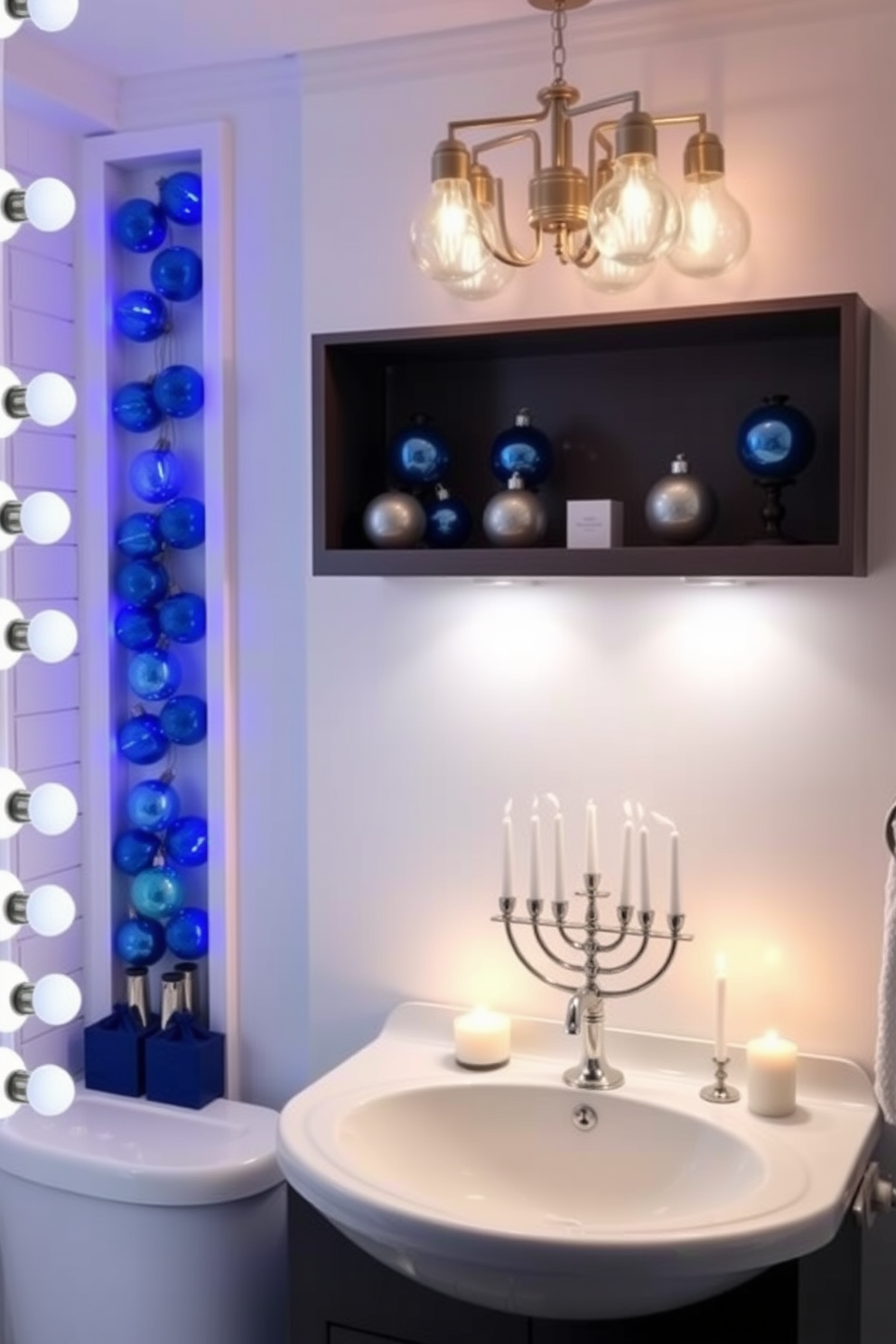 A stunning bathroom adorned with creative lighting featuring blue bulbs that cast a calming glow throughout the space. The walls are painted in a soft white, complementing the elegant fixtures and modern design elements. Decorative accents celebrate the spirit of Hanukkah, with blue and silver ornaments arranged tastefully on shelves. A beautiful menorah sits on the countertop, surrounded by tasteful candles that enhance the festive atmosphere.