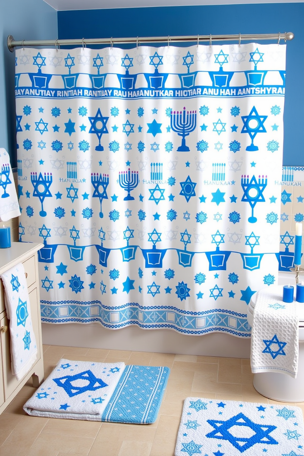 A festive Hanukkah themed shower curtain design featuring blue and white colors with a repeating pattern of menorahs and dreidels. The curtain is adorned with Stars of David and traditional symbols, creating a joyful atmosphere for the bathroom. Incorporate decorative elements such as a matching bath mat and towels, all showcasing Hanukkah motifs. Add accents like a small menorah on the vanity and blue-themed candles to enhance the holiday spirit.