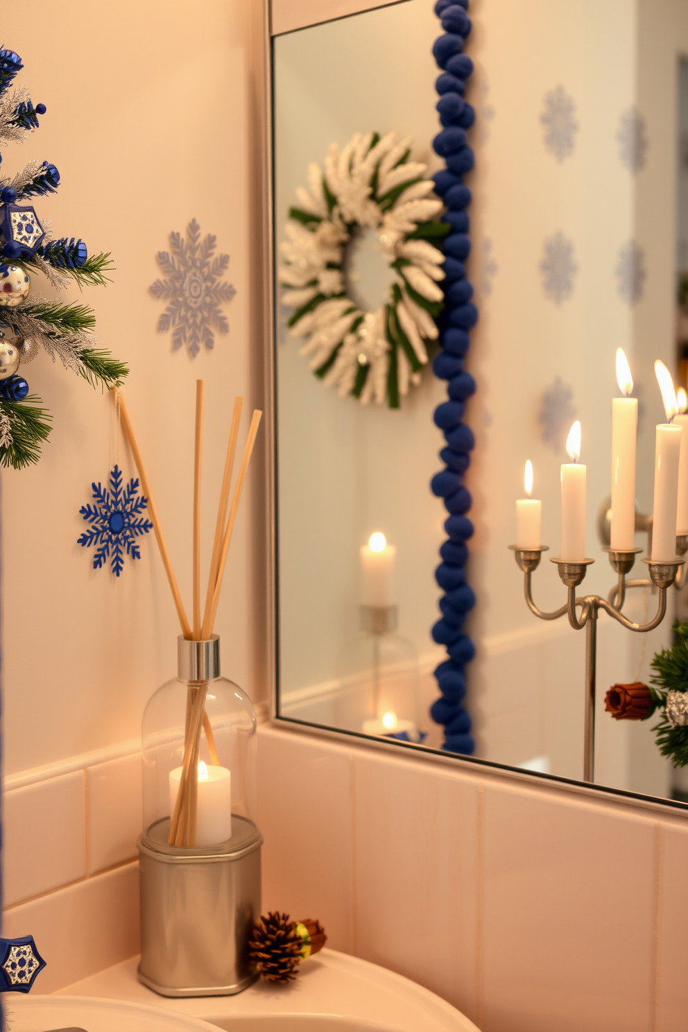 A serene bathroom setting adorned with festive Hanukkah decorations. A stylish diffuser emits seasonal holiday fragrances, filling the air with notes of pine and cinnamon. The walls are decorated with blue and silver accents, reflecting the colors of the holiday. Soft, warm lighting creates a cozy atmosphere, enhancing the festive spirit.