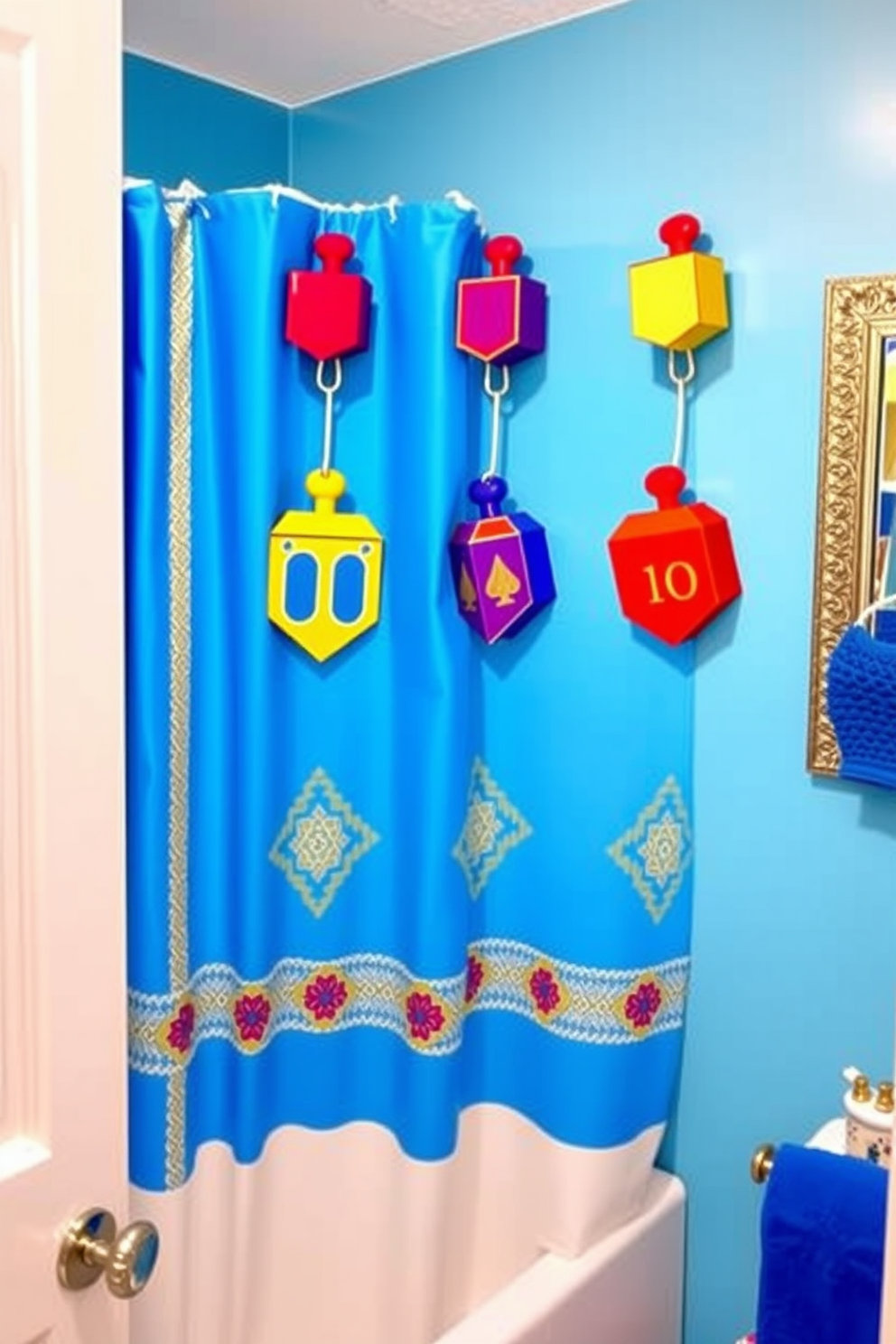 A vibrant bathroom adorned with colorful dreidel shower curtain hooks. The decor features a playful yet elegant theme for Hanukkah, with accents of blue, gold, and silver throughout the space.