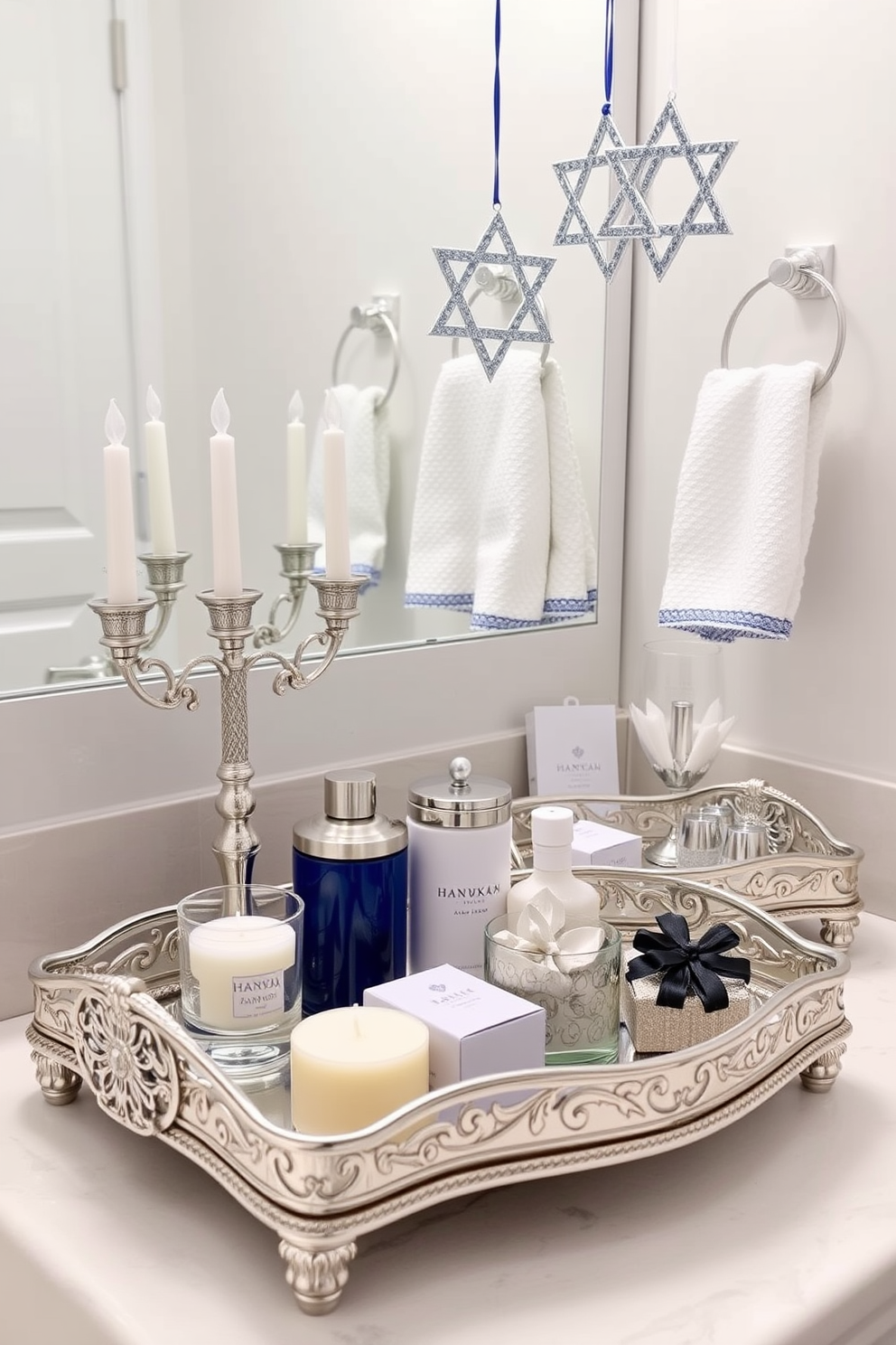 Elegant silver trays for toiletries. The trays are adorned with intricate designs and hold an assortment of luxurious bath products, including scented candles and artisanal soaps. Bathroom Hanukkah decorating ideas. Soft blue and white accents are incorporated, featuring a decorative menorah on the countertop and elegant star of David ornaments hanging from the mirror.