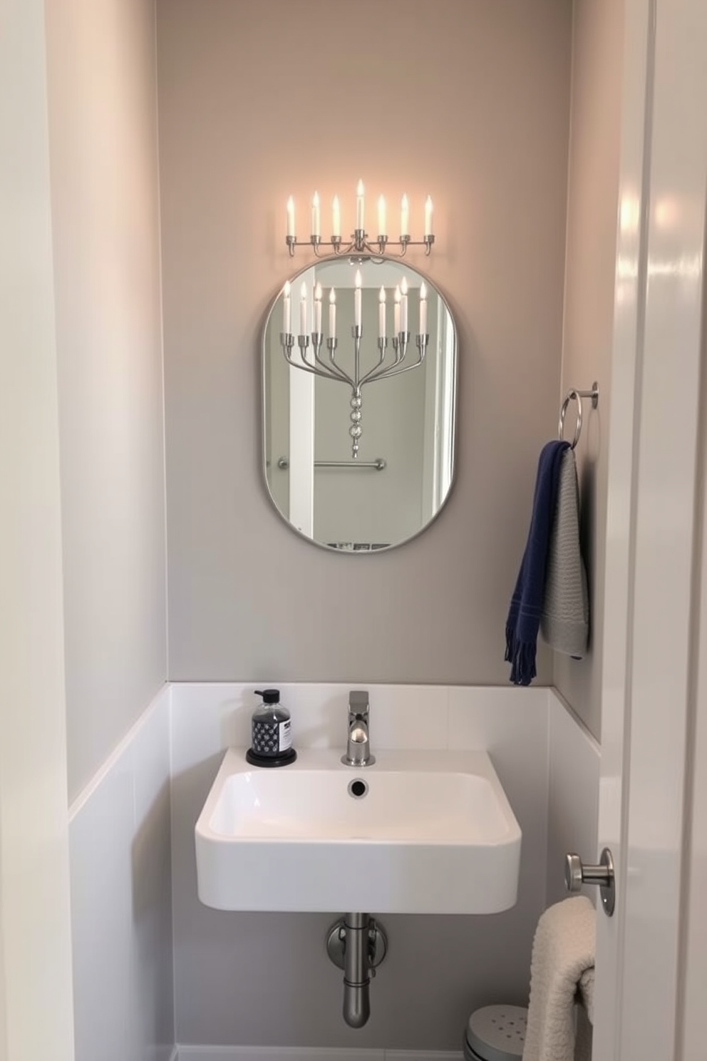 A serene bathroom setting featuring a wall-mounted menorah elegantly displayed above a modern sink. The space is adorned with subtle Hanukkah decorations, including blue and silver accents that complement the neutral tones of the room.