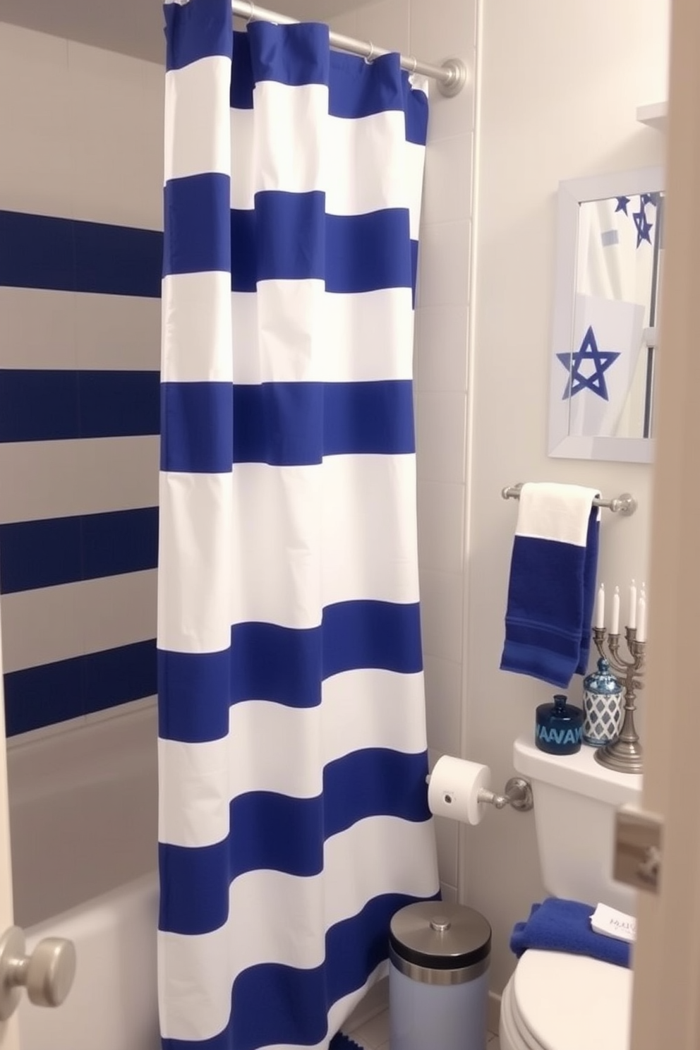 A serene bathroom setting featuring a blue and white striped shower curtain that adds a touch of nautical charm. The space is adorned with Hanukkah decorations, including a menorah on the countertop and blue and silver accents throughout the room.