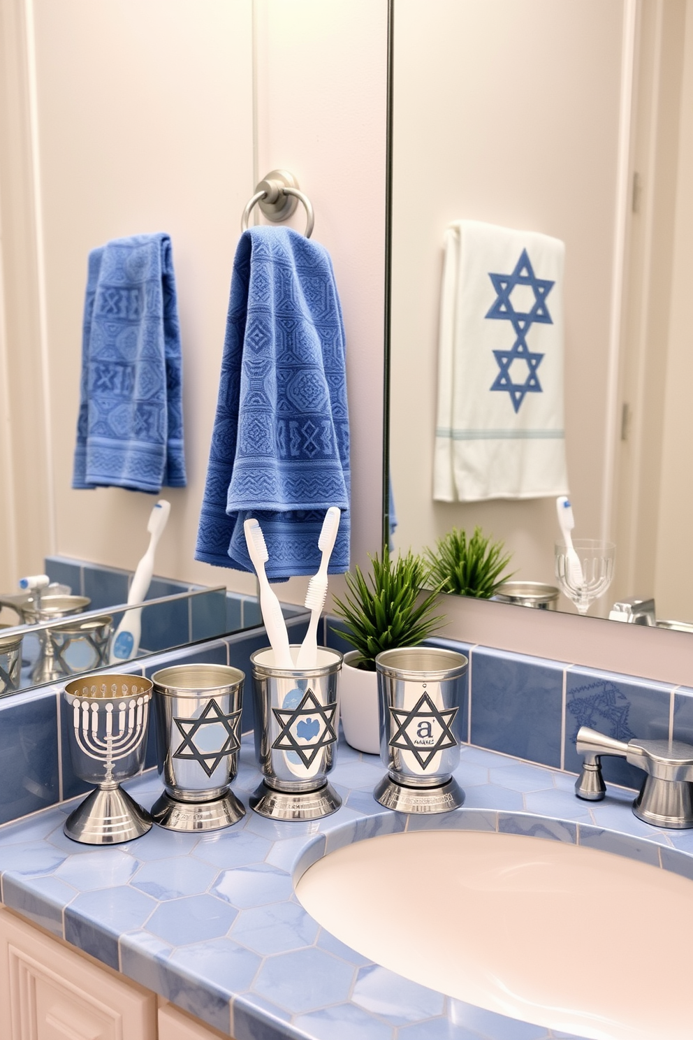 A festive bathroom scene featuring a selection of holiday themed toothbrush holders. Each holder is uniquely designed with symbols of Hanukkah such as menorahs and dreidels, adding a cheerful touch to the space. The countertop is adorned with a beautiful blue and silver color scheme, reflecting traditional Hanukkah colors. Decorative elements like a small potted plant and themed towels enhance the overall holiday spirit in the bathroom.