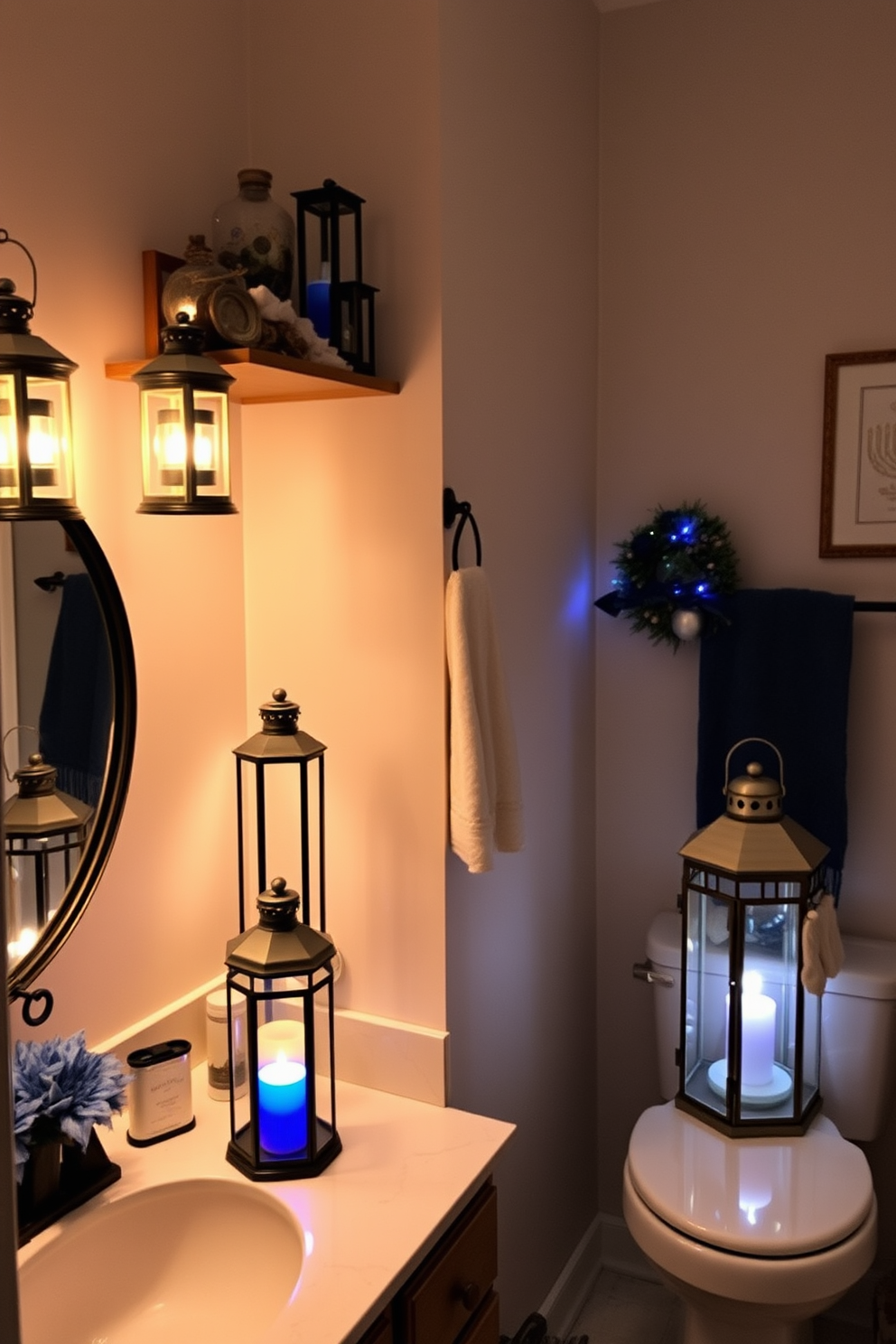 A cozy bathroom setting adorned with decorative lanterns that cast a warm, soft glow throughout the space. The lanterns are placed on the countertops and shelves, creating an inviting atmosphere perfect for relaxation. Incorporate festive Hanukkah decorations, such as a beautiful menorah on the vanity and blue and silver accents throughout the room. The walls are adorned with subtle holiday-themed artwork, enhancing the celebratory spirit while maintaining a sophisticated design.