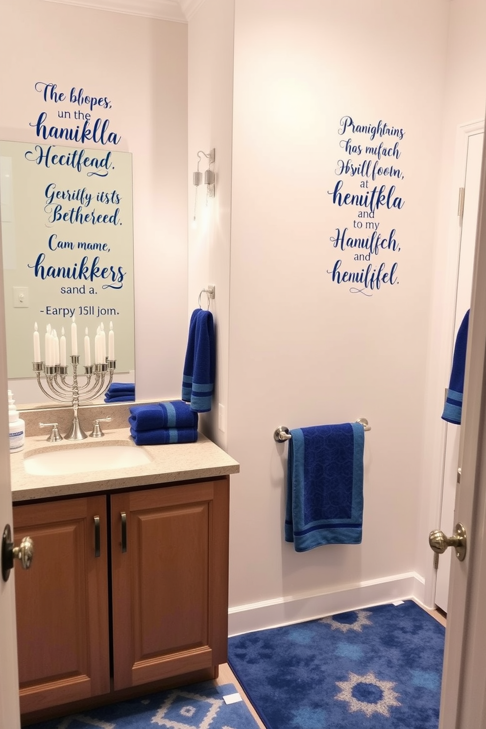 Festive holiday quotes adorn the walls as beautiful wall decals, adding a cheerful touch to the space. The bathroom features blue and silver accents, with a menorah displayed prominently on the countertop. Soft white lights illuminate the room, creating a warm and inviting atmosphere. Decorative towels in shades of blue complement the Hanukkah theme, while a stylish rug adds comfort underfoot.