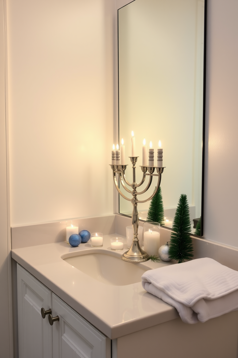 A beautifully crafted menorah is elegantly placed on the bathroom counter, surrounded by soft candlelight that casts a warm glow. The counter is adorned with subtle Hanukkah decorations, including blue and silver accents that complement the serene atmosphere. The walls are painted in a calming shade of white, enhancing the festive yet tranquil vibe of the space. A plush white towel is neatly folded nearby, adding a touch of luxury to the Hanukkah celebration.