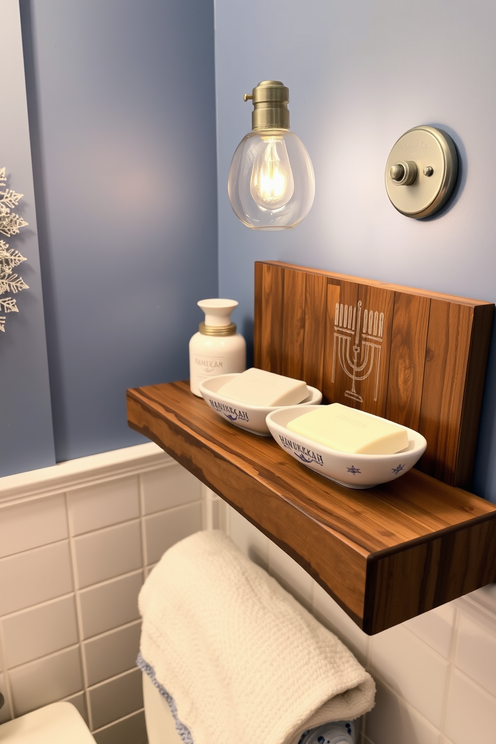 Charming holiday themed soap dishes are elegantly displayed on a rustic wooden shelf. Each dish features intricate designs inspired by traditional Hanukkah symbols, creating a festive atmosphere in the bathroom. The walls are adorned with soft blue and silver accents, reminiscent of the winter season. A cozy, warm light illuminates the space, enhancing the cheerful holiday decor.