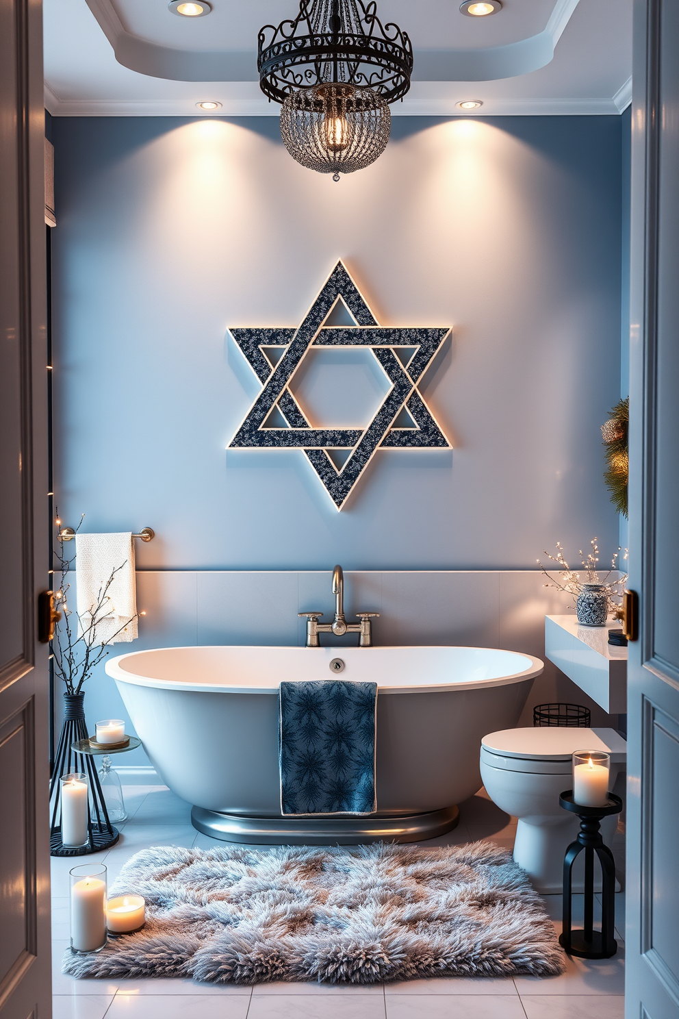 A stunning bathroom featuring a large Star of David wall art piece that serves as the focal point of the room. The walls are adorned with soft blue hues, creating a serene atmosphere perfect for relaxation. Elegant Hanukkah decorations are tastefully displayed throughout the space, including twinkling lights and festive accents. A cozy, inviting ambiance is enhanced by a plush area rug and scented candles placed strategically around the room.