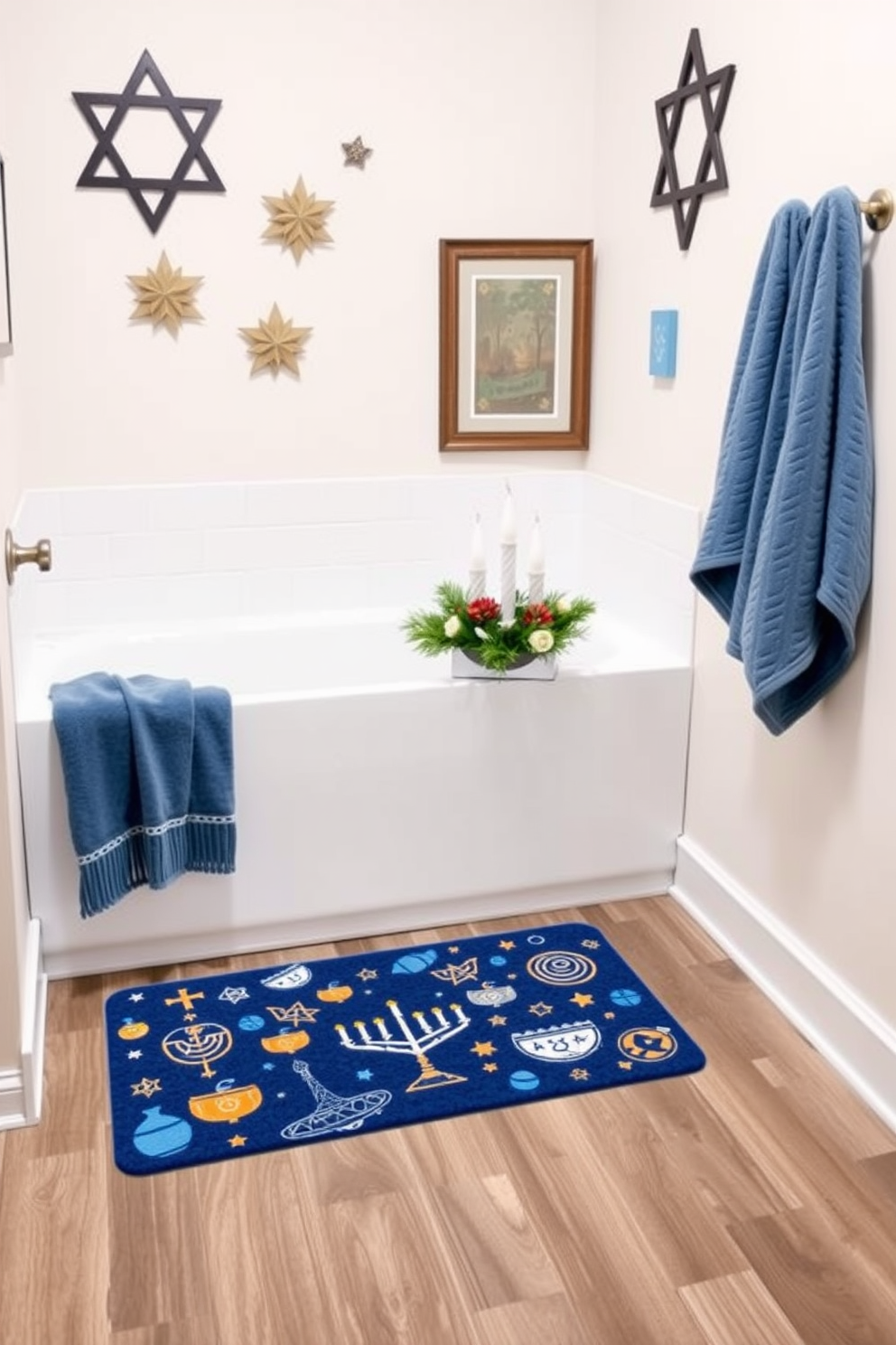 A cozy bathroom setting featuring a Hanukkah themed bath mat that showcases traditional symbols such as menorahs and dreidels. The bath mat is placed in front of a sleek white bathtub, complemented by soft blue towels hanging on a nearby rack. The walls are adorned with subtle decorations that reflect the spirit of Hanukkah, including star of David accents and festive artwork. A small decorative table holds a beautiful centerpiece with candles and seasonal greenery, enhancing the holiday atmosphere.