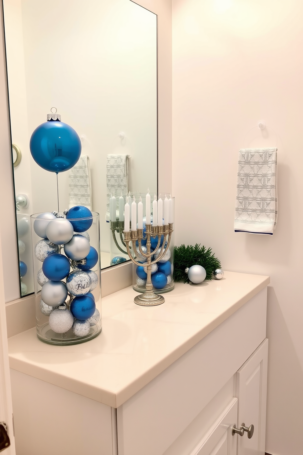 A serene bathroom setting adorned for Hanukkah. Blue and silver ornaments are elegantly displayed in glass jars on the countertop, adding a festive touch to the space. The walls are painted in a soft white hue, creating a bright and inviting atmosphere. A beautiful menorah sits on the vanity, complementing the shimmering decorations and enhancing the holiday spirit.