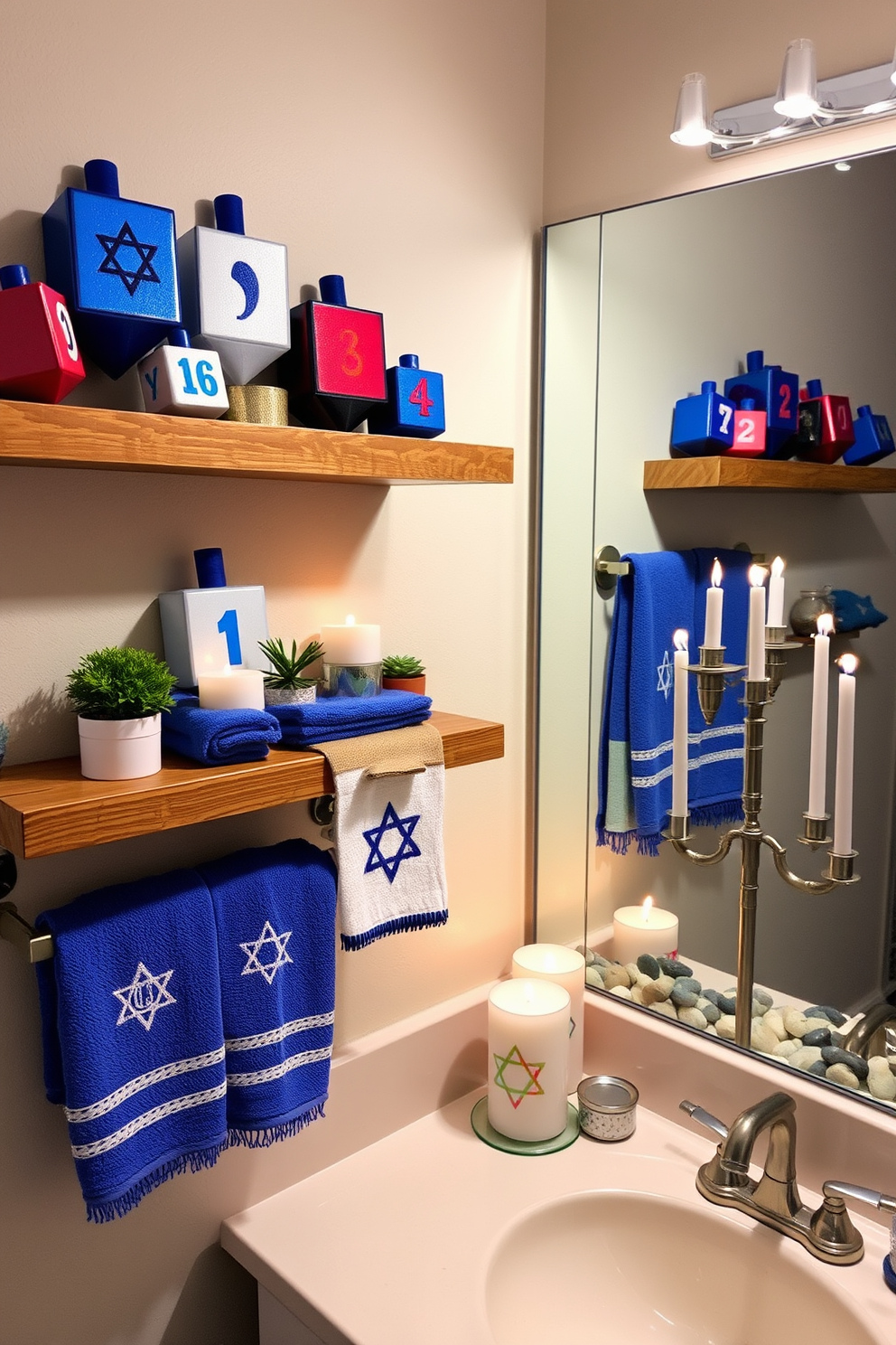 Dreidel decorations are artfully arranged on wooden shelves, showcasing a vibrant mix of colors and patterns. Each dreidel is positioned next to festive candles and small potted plants, creating a warm and inviting atmosphere. The bathroom is adorned with Hanukkah-themed decor, featuring blue and white towels embroidered with Star of David motifs. A menorah sits on the countertop, surrounded by decorative stones and a soft, flickering candlelight, enhancing the holiday spirit.