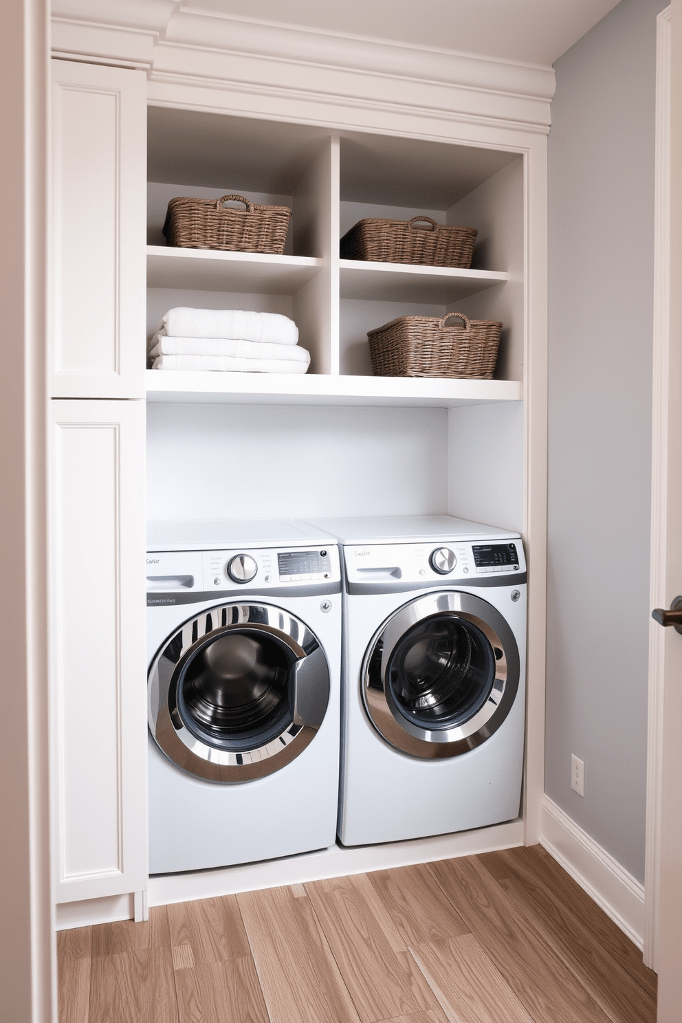 A compact stacked washer and dryer unit is seamlessly integrated into a stylish bathroom laundry combo. The unit is framed by custom cabinetry in a soft white finish, providing ample storage space for laundry essentials. Above the washer and dryer, open shelving displays neatly folded towels and decorative baskets. The walls are painted in a calming light gray, while the floor features sleek, water-resistant vinyl in a wood grain pattern.