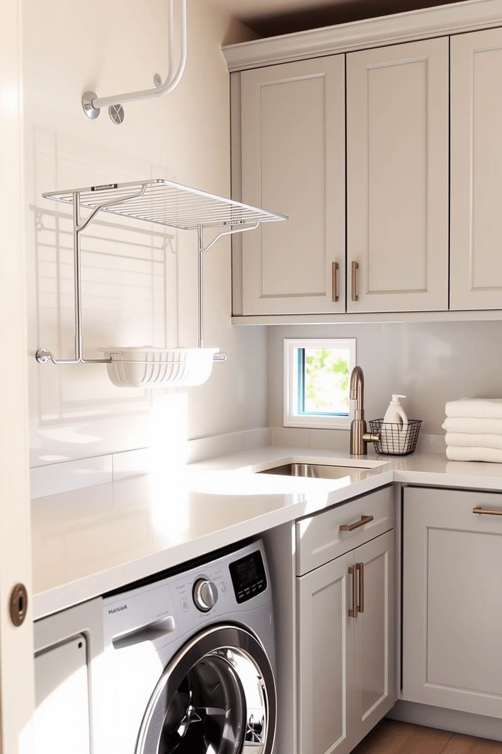 A wall-mounted drying rack is elegantly positioned above a sleek countertop, offering convenience and maximizing space in the laundry area. The design features a soft color palette with light gray cabinetry, complemented by a modern washer and dryer tucked neatly beneath the counter. The laundry combo incorporates a stylish sink with a brushed nickel faucet, surrounded by organized storage solutions for detergents and supplies. Natural light floods the space through a small window, enhancing the inviting atmosphere of this functional yet beautiful laundry room.