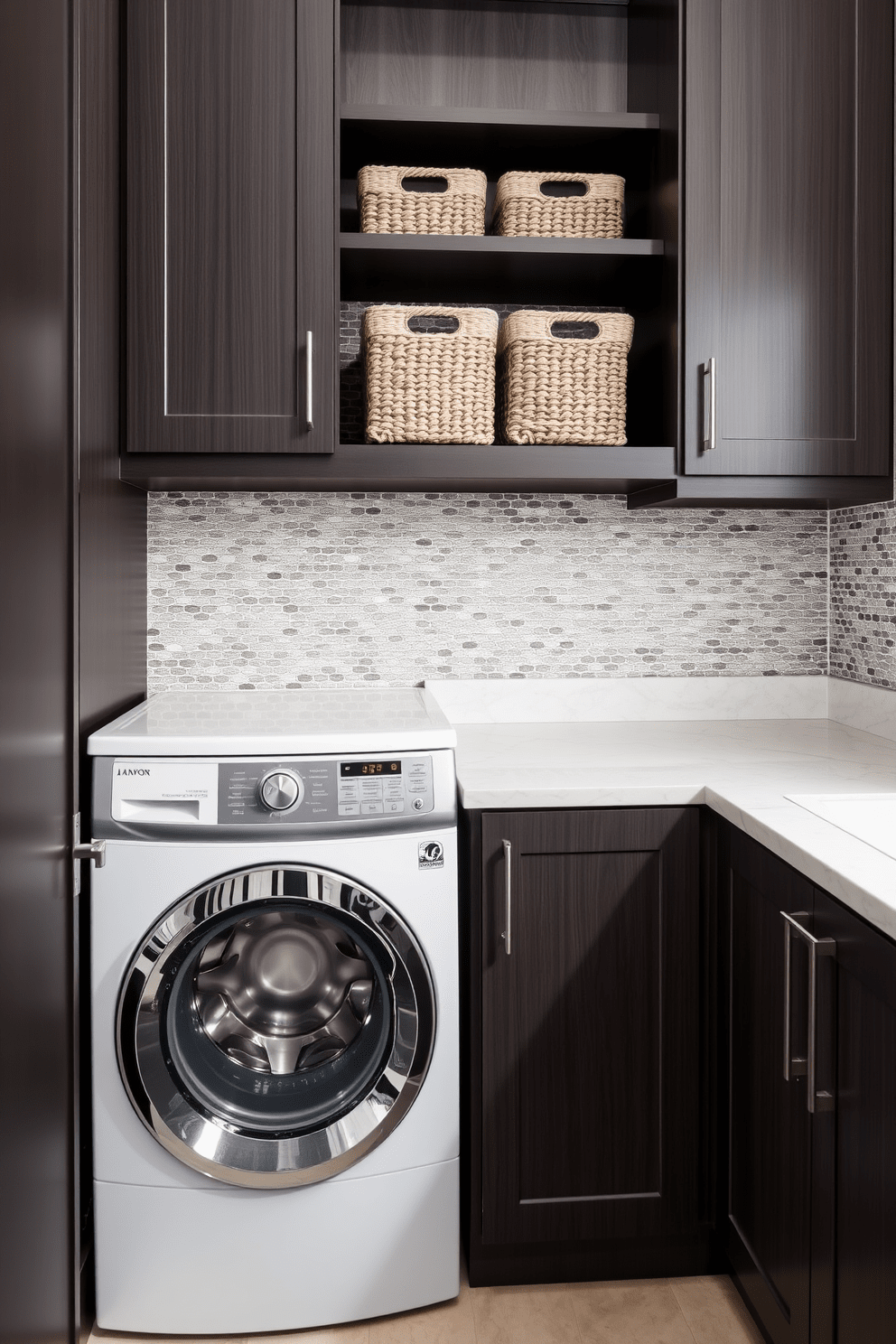 A stylish laundry room featuring textured tiles that add visual interest to the space. The combination of a washing machine and dryer is seamlessly integrated into a sleek cabinetry design, providing both functionality and elegance. The walls are adorned with a chic backsplash of patterned tiles, creating a focal point in the room. A countertop above the appliances offers ample space for folding laundry, complemented by decorative baskets for organization.