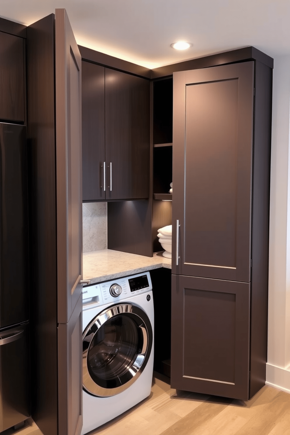 A stylish laundry area seamlessly integrated into a kitchen space. The cabinetry features sleek, modern doors that conceal a washer and dryer, maintaining a clean and uncluttered aesthetic. The countertop above the appliances is finished in a durable quartz material, providing ample workspace for folding laundry. Soft under-cabinet lighting enhances the functionality while creating a warm and inviting atmosphere.