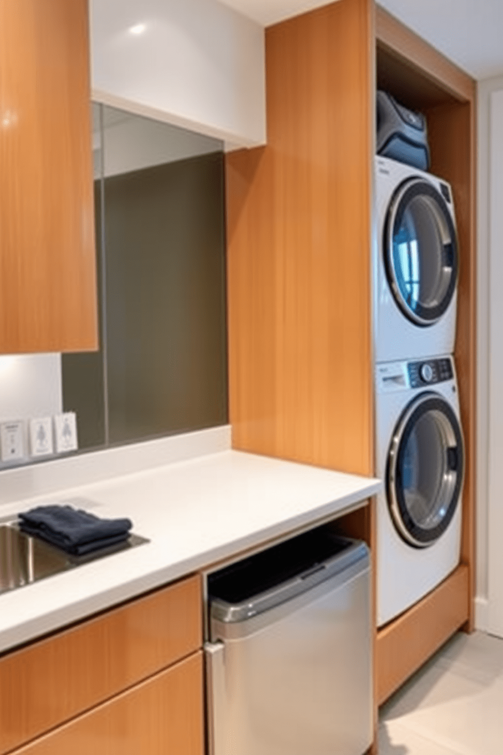 A functional countertop for folding clothes is integrated into a stylish laundry room design. It features a sleek, minimalist surface with ample space for organizing and folding laundry. The laundry area is equipped with modern appliances, including a washer and dryer stacked for efficiency. Soft, ambient lighting illuminates the space, enhancing the warm tones of the cabinetry and countertops.