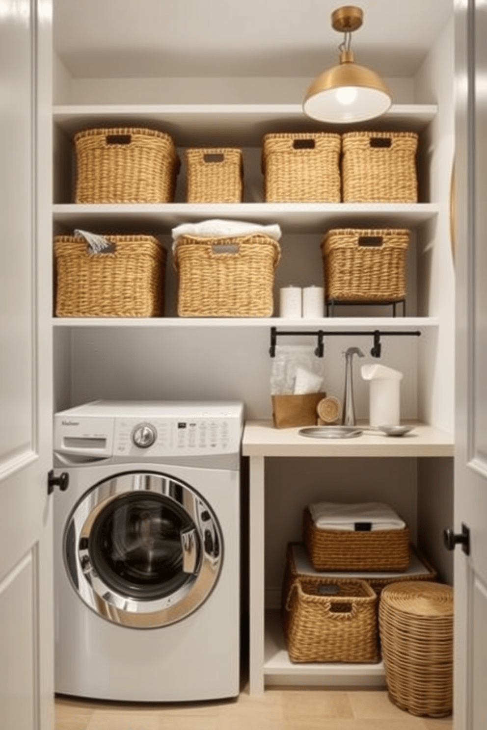 Create a cozy laundry room that features decorative baskets for organized storage. The baskets are woven in natural fibers and are neatly arranged on shelves, adding texture and warmth to the space. Incorporate a functional yet stylish design for a bathroom and laundry combo. The area includes a compact washing machine and dryer, with a countertop above for folding clothes, complemented by elegant storage solutions like decorative baskets.