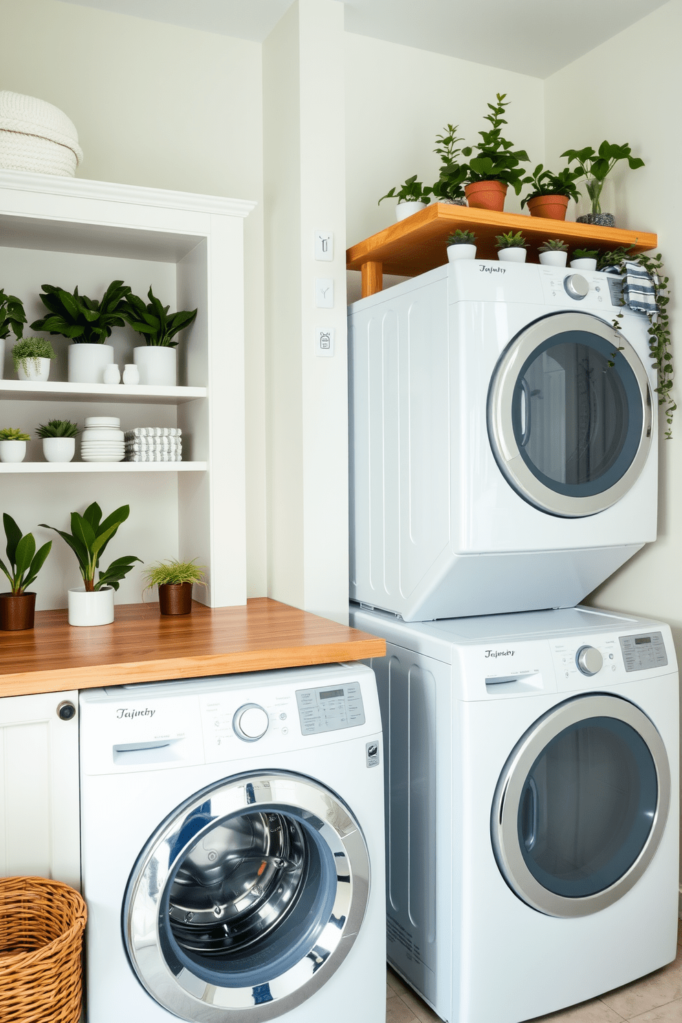 A cozy laundry room that seamlessly integrates small potted plants for a touch of freshness. The space features a stacked washer and dryer with a wooden countertop above, adorned with various small green plants in ceramic pots. To the left, there is a built-in shelving unit displaying neatly organized laundry supplies and more potted plants. The walls are painted in a soft pastel color, and the floor is covered with a durable, easy-to-clean tile that complements the overall design.