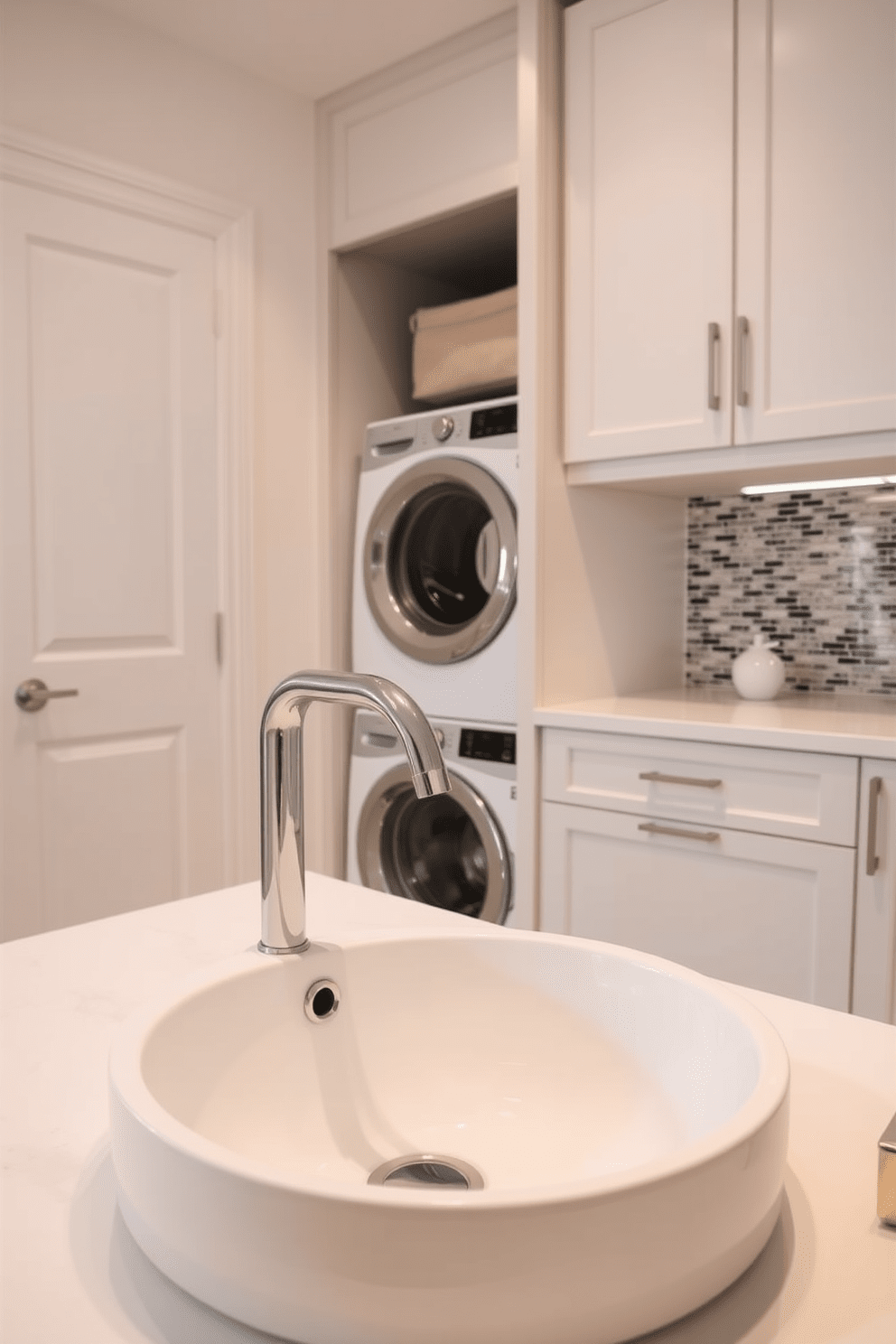 A modern wash basin is elegantly positioned in a chic laundry room. The stylish faucet design features sleek lines and a polished finish, complementing the overall aesthetic. The laundry area includes a stacked washer and dryer, seamlessly integrated into custom cabinetry. Soft neutral tones adorn the walls, while a trendy backsplash adds a splash of color and texture.