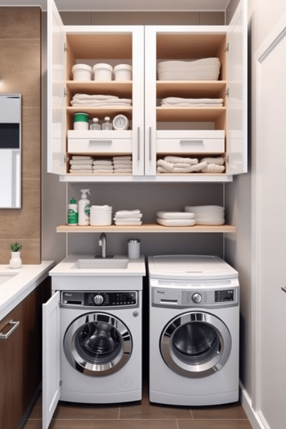 A functional under-sink storage area designed for cleaning supplies. The cabinet features pull-out drawers and adjustable shelves to maximize space and accessibility. A stylish bathroom laundry combo that seamlessly integrates a washing machine and dryer. The design includes a countertop for folding clothes and built-in storage for laundry essentials.