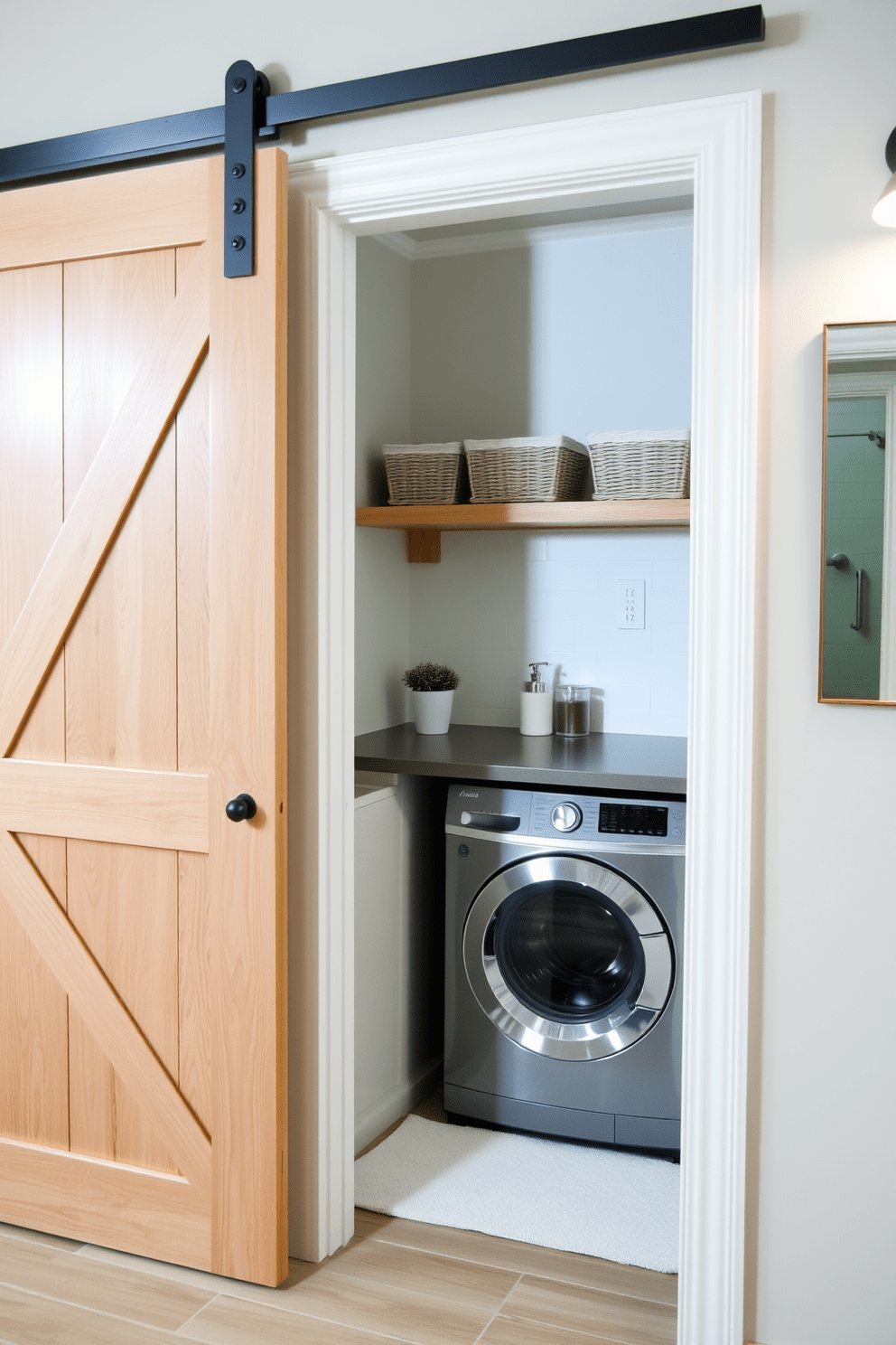 A sliding barn door elegantly separates the bathroom and laundry area, adding a rustic charm to the space. The door features a natural wood finish that complements the soft color palette of the room. In the bathroom, a stylish laundry combo is integrated seamlessly, with a compact washer and dryer tucked beneath a sleek countertop. The design includes open shelving above for easy access to laundry essentials and decorative storage baskets.