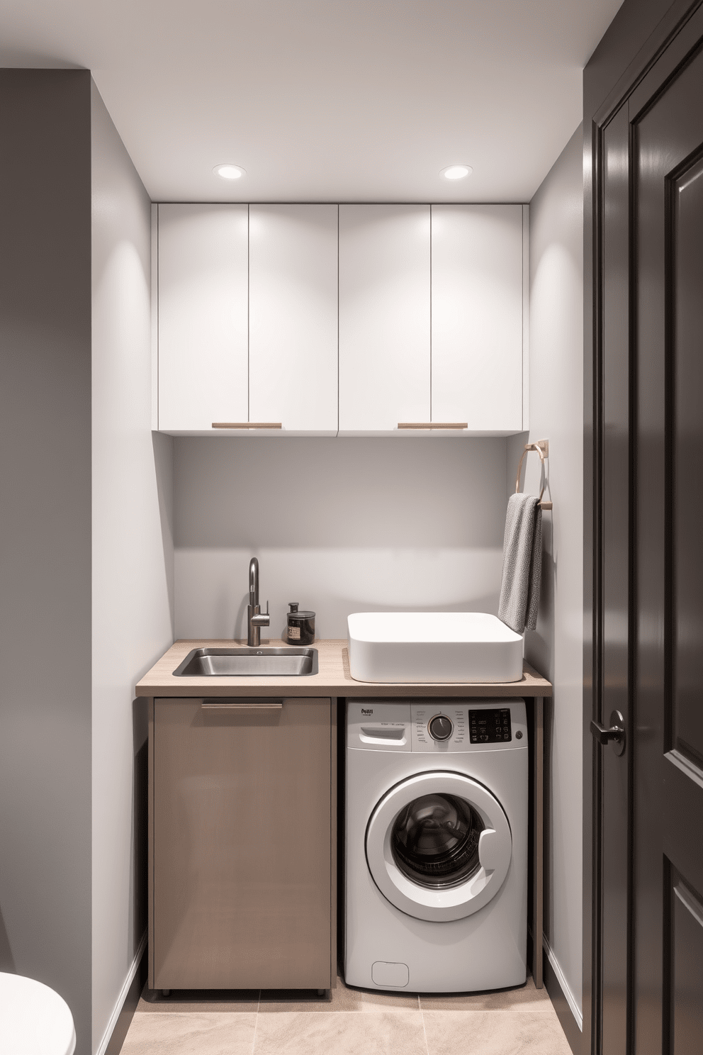 A sleek bathroom laundry combo features recessed lighting that creates a modern ambiance. The space includes a stacked washer and dryer seamlessly integrated into cabinetry, with a countertop above for folding clothes. The walls are painted in a soft gray hue, enhancing the contemporary feel of the room. A stylish sink with a minimalist faucet sits next to the laundry appliances, complemented by smart storage solutions for laundry essentials.