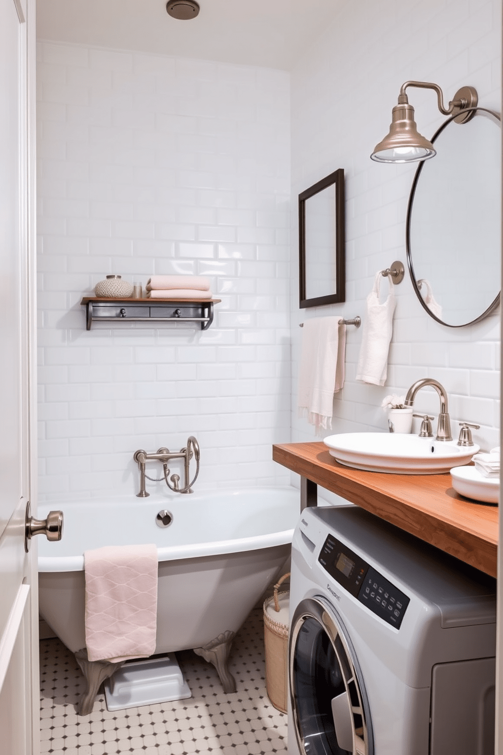 A vintage-inspired bathroom laundry combo features elegant fixtures with a brushed nickel finish. The space includes a classic freestanding tub paired with a stylish washing machine tucked beneath a wooden countertop. The walls are adorned with white subway tiles, creating a clean and timeless look. Soft pastel accents in the decor, such as towels and accessories, add warmth and character to the space.