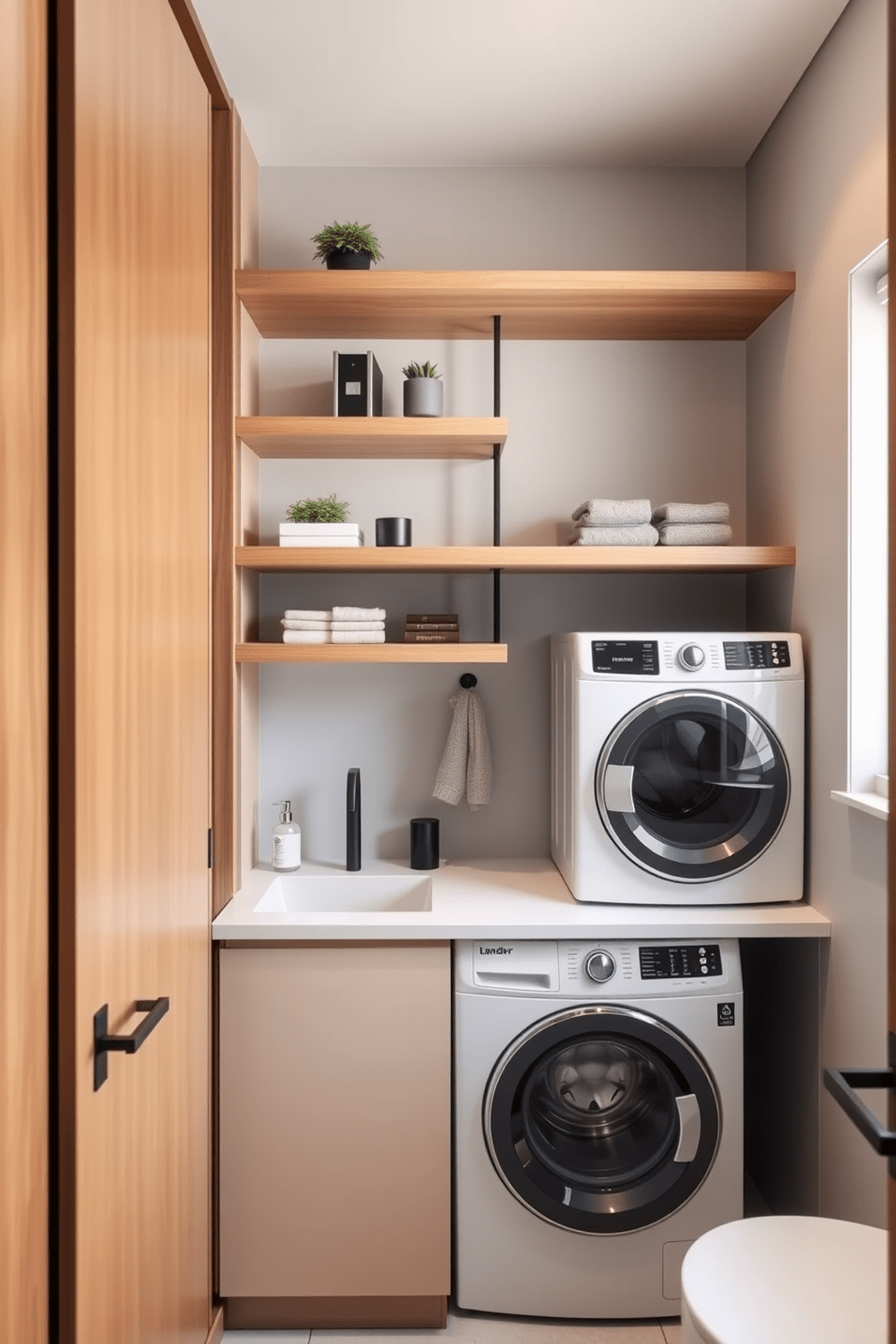 A minimalist bathroom features sleek floating shelves made of natural wood. The shelves are adorned with carefully curated decor items such as small plants and elegant storage containers. In a compact space, the bathroom laundry combo integrates a stacked washer and dryer with stylish cabinetry. The design includes a functional countertop for folding clothes, complemented by a neutral color palette and modern fixtures.