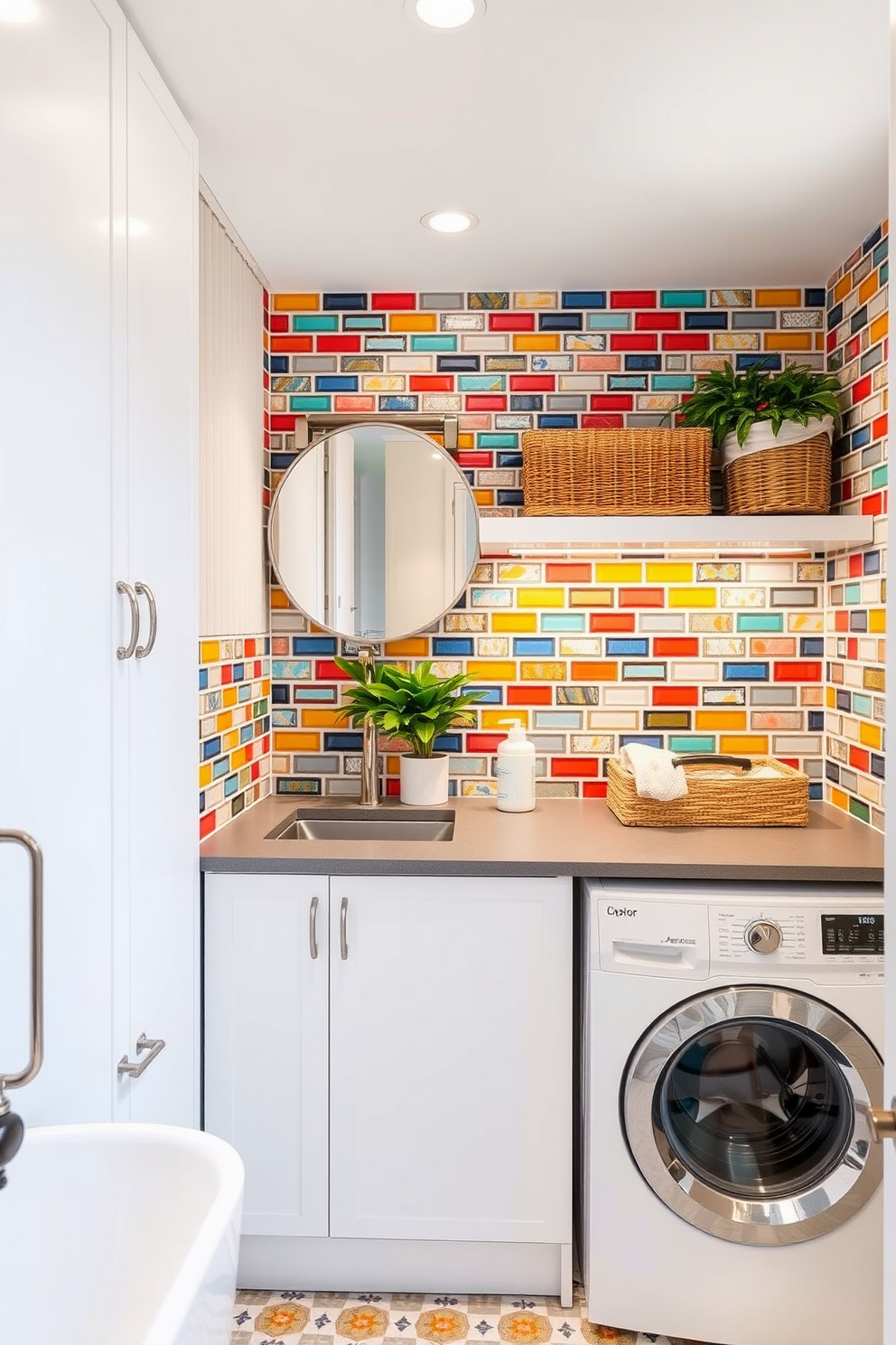 A vibrant bathroom laundry combo featuring colorful accent tiles that add personality to the space. The walls are adorned with a mix of bold and bright tiles, creating a lively atmosphere that contrasts with sleek white cabinetry and appliances. The laundry area is seamlessly integrated with the bathroom, showcasing a functional layout that maximizes space. A stylish countertop above the washer and dryer provides additional storage and workspace, while decorative baskets and plants enhance the overall aesthetic.