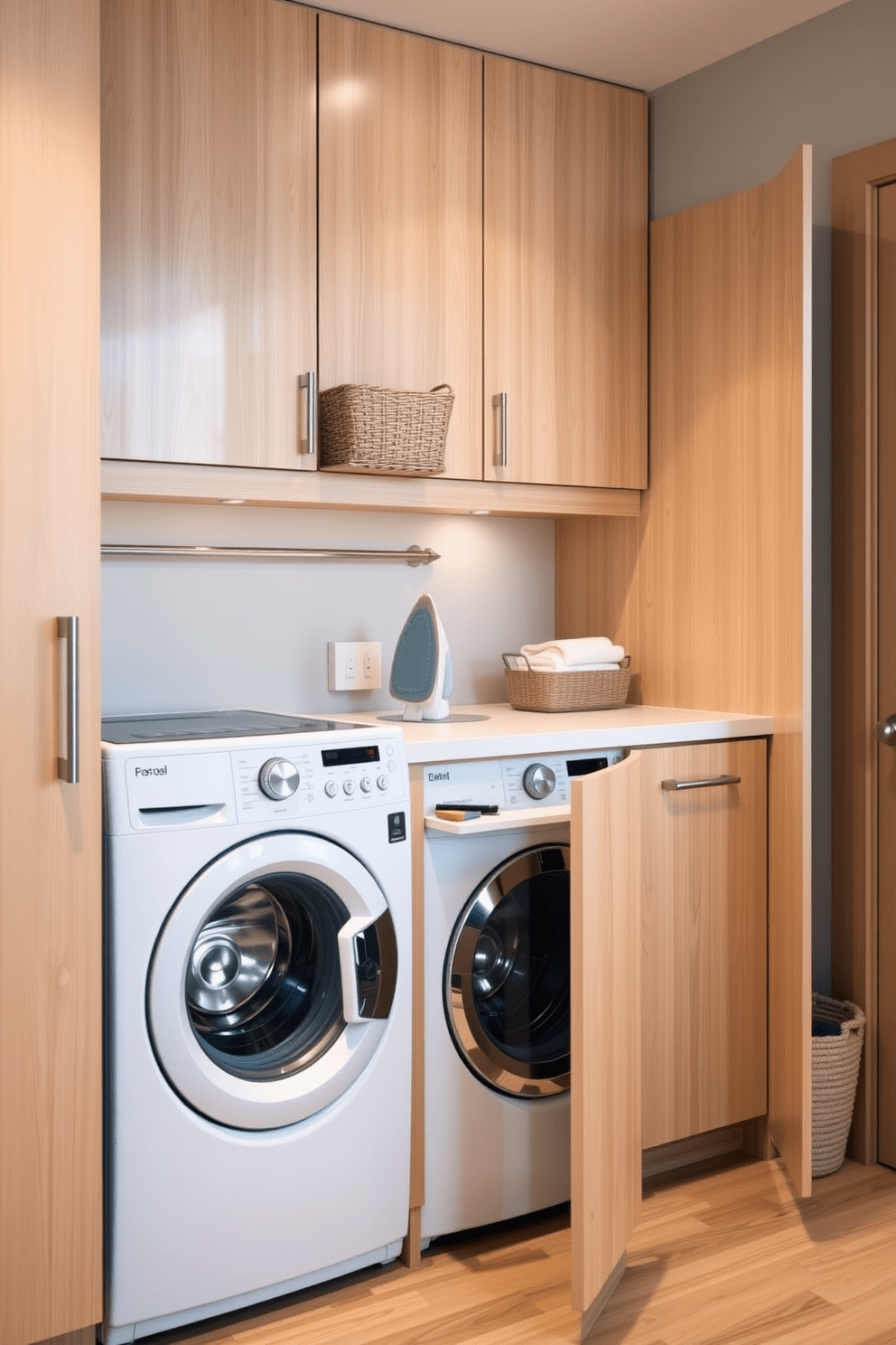 A sleek bathroom laundry combo features a built-in ironing board seamlessly integrated into the cabinetry. The space is designed for efficiency, with a stacked washer and dryer tucked beneath a spacious countertop for folding clothes. The cabinetry is finished in a light wood tone, providing a warm contrast to the crisp white appliances. Soft lighting illuminates the area, while decorative baskets add a touch of style and organization.