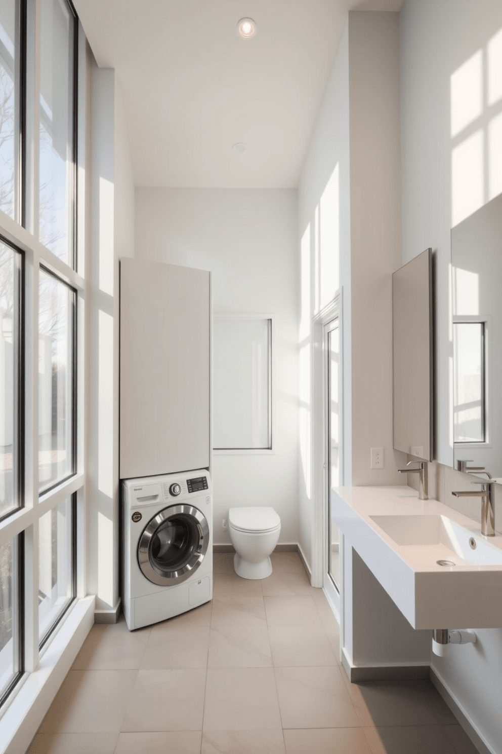 A bright and airy laundry area features large windows that allow natural light to flood the space. The room is equipped with a stacked washer and dryer, surrounded by sleek cabinetry for storage. Adjacent to the laundry, a stylish bathroom area showcases a compact vanity with a modern sink. Neutral tiles cover the floor, while a large mirror enhances the sense of space and brightness.