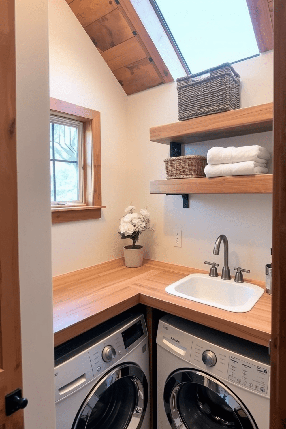 A cozy bathroom laundry combo featuring rustic wood accents that add warmth and character. The space includes a wooden countertop with a built-in sink and a stacked washer and dryer tucked seamlessly beneath. Natural light floods the room through a small window, highlighting the textured wood shelves adorned with neatly folded towels and decorative baskets. The walls are painted in a soft, neutral tone, creating a calming atmosphere that complements the rustic elements.