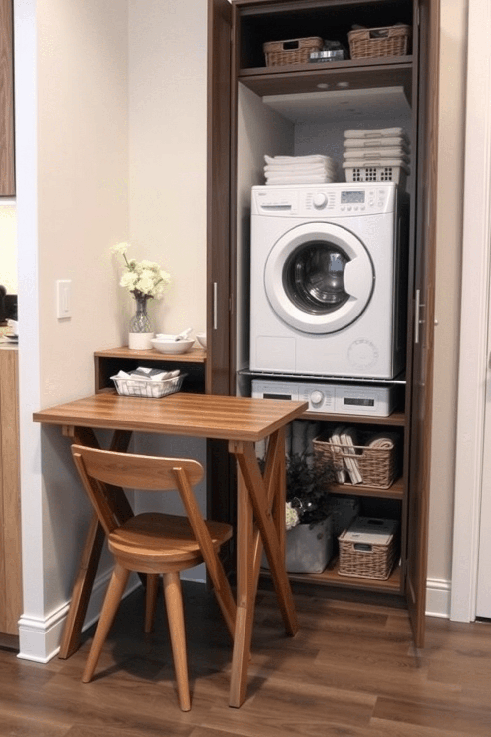 A compact folding table is designed for small spaces, featuring a sleek wood finish and minimalist legs that can easily fold away when not in use. It is positioned against a wall in a cozy kitchen nook, complemented by two stylish chairs tucked underneath. The bathroom laundry combo features a stacked washer and dryer integrated into a stylish cabinetry unit. The design includes a countertop for folding clothes, with a small sink beside it and decorative storage baskets for a tidy and functional space.