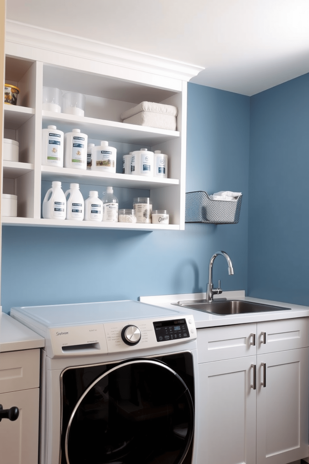 Open shelving displays neatly arranged laundry essentials such as detergents and fabric softeners in stylish containers. The walls are painted in a soft blue hue, complementing the sleek white cabinetry and modern appliances.