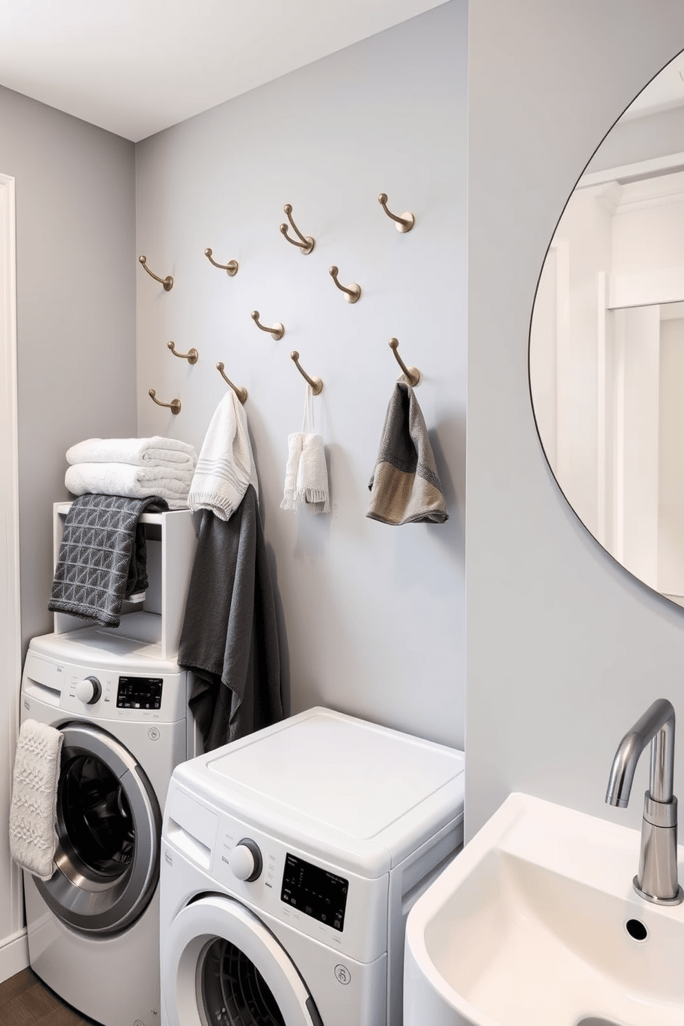 A stylish bathroom featuring decorative hooks for towels and clothes. The hooks are made of brushed brass and are arranged in an artistic pattern on a light gray wall, complementing the overall decor. A functional laundry combo integrated into the bathroom design. The unit includes a stacked washer and dryer with a sleek white finish, positioned next to a modern sink with a minimalist faucet.