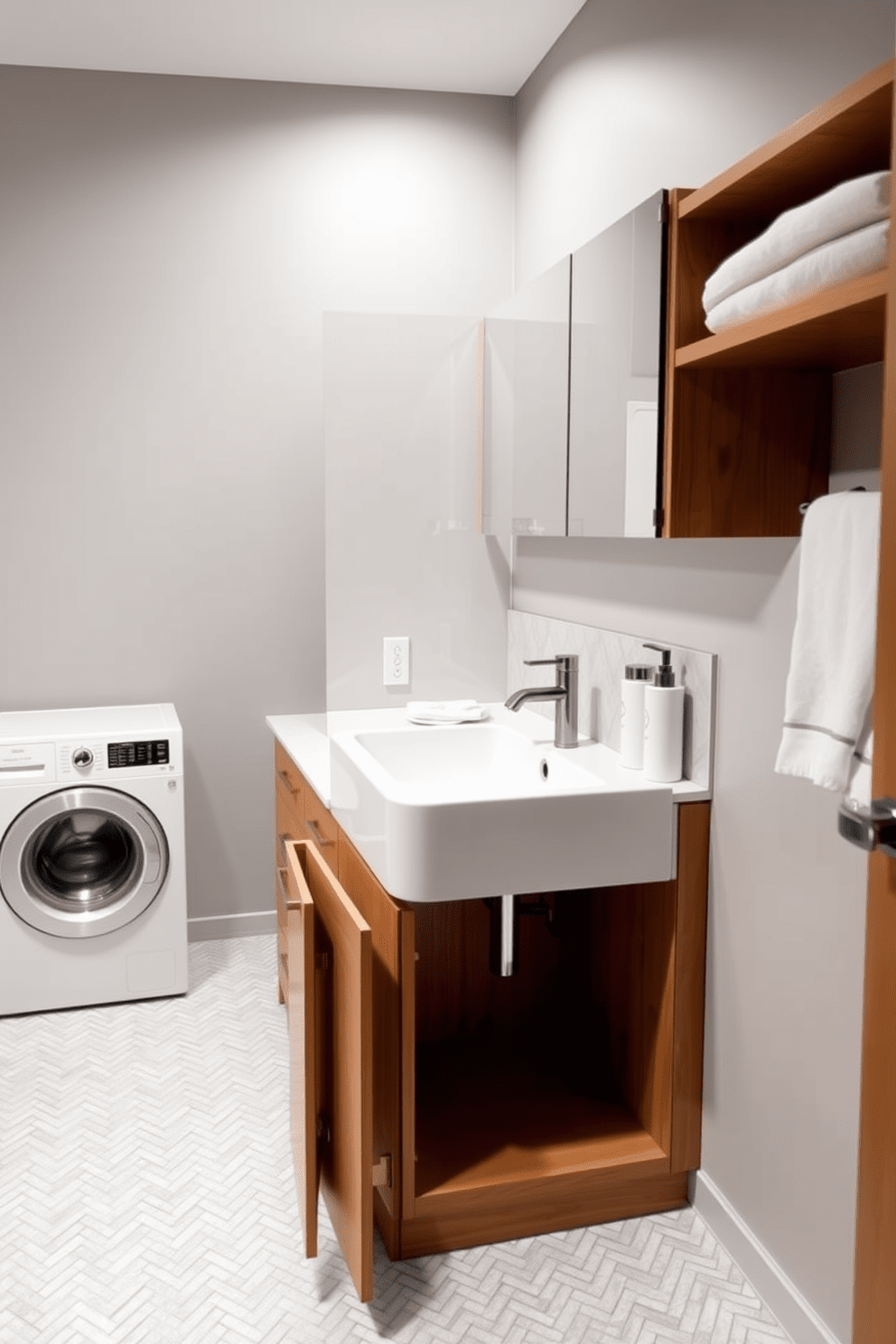 A contemporary bathroom laundry combo featuring a dual-purpose sink designed for both washing and cleaning. The sink is integrated into a stylish countertop with ample storage space below, complemented by sleek cabinetry in a warm wood finish. To the left, a compact washing machine is seamlessly integrated into the cabinetry, creating a cohesive look. The walls are adorned with a soft gray paint, while the floor showcases a chic, water-resistant tile in a subtle geometric pattern.