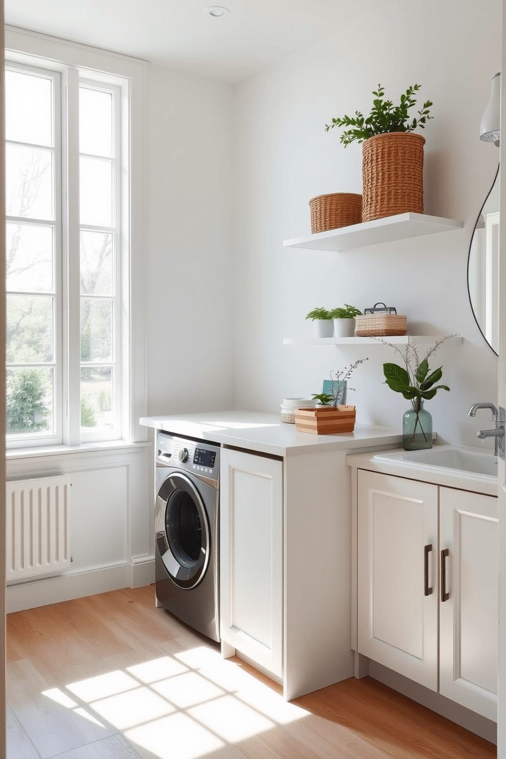 A bright and airy bathroom laundry combo design featuring ample natural light streaming through large windows. The space includes a sleek washer and dryer tucked into a custom cabinetry unit, complemented by a stylish countertop for folding laundry. The walls are painted in a soft white to enhance the brightness, while the flooring is a light wood that adds warmth. Decorative shelving above the washer and dryer showcases neatly arranged storage baskets and plants for a touch of greenery.