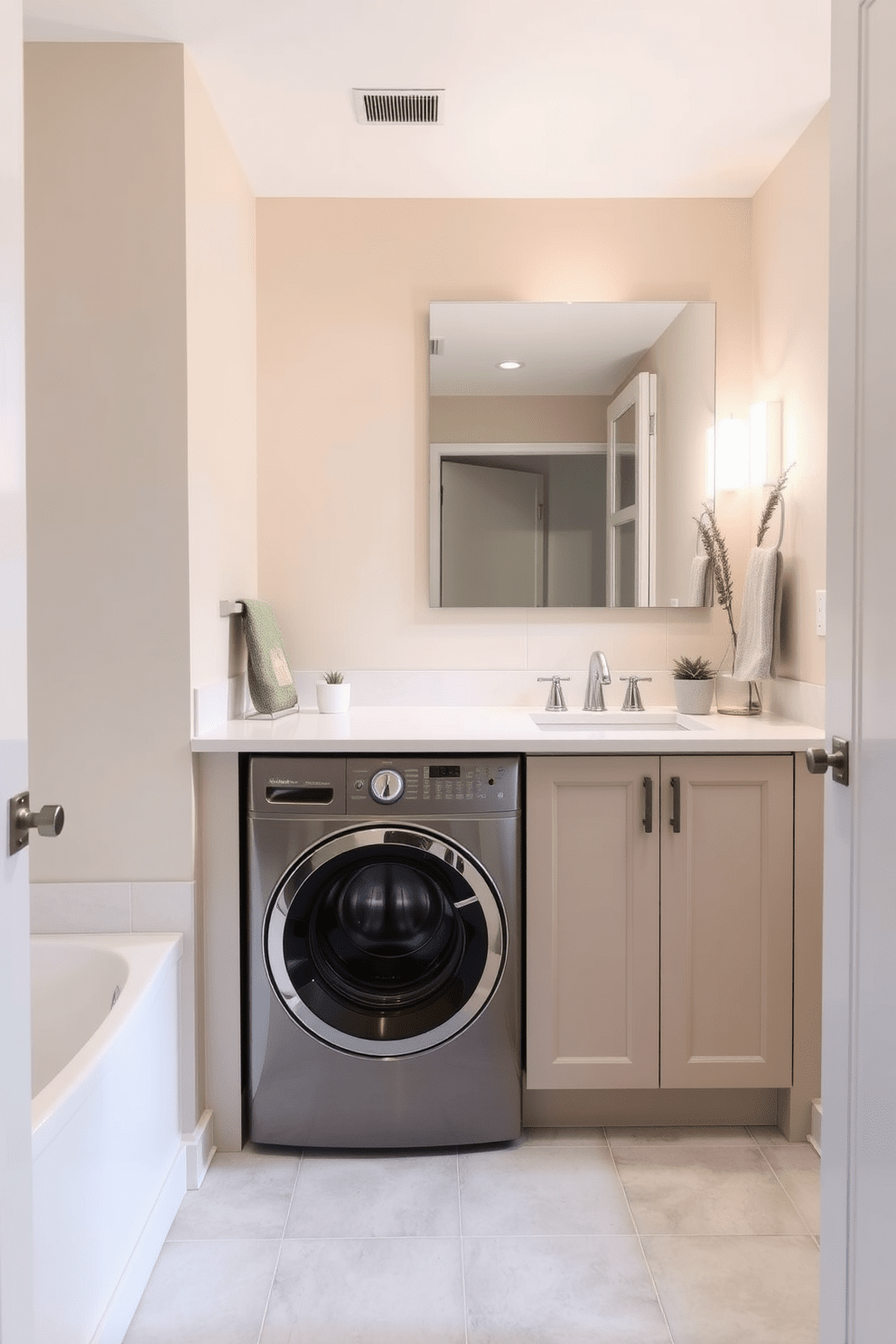 A serene bathroom laundry combo featuring a neutral color palette to create a calming effect. The walls are painted in soft beige, complemented by a light gray tile floor that enhances the tranquil atmosphere. The laundry area is seamlessly integrated with the bathroom, showcasing a sleek, built-in washer and dryer behind matching cabinet doors. Above the countertop, a simple mirror reflects the natural light, while a few decorative plants add a touch of freshness to the space.