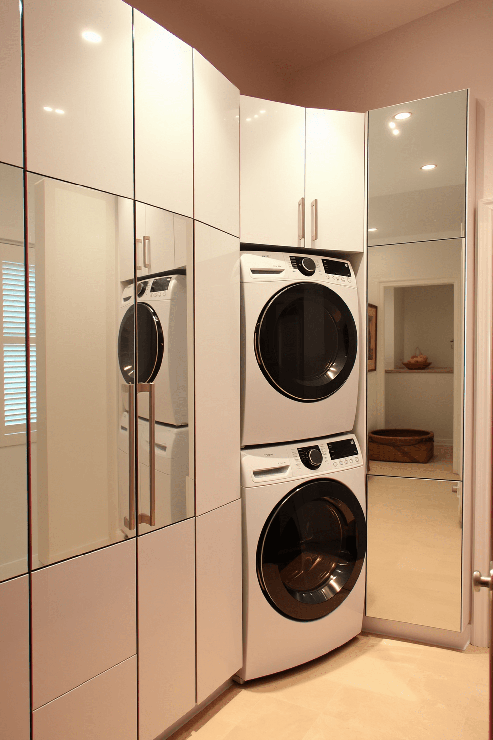 A modern laundry room featuring mirrored cabinets that reflect natural light and create an illusion of space. The cabinets are sleek and minimalist, with a glossy finish, and are complemented by a stylish countertop for folding clothes. The laundry area is designed as a functional yet aesthetically pleasing space, incorporating a stacked washer and dryer for efficiency. Soft lighting fixtures are installed above, enhancing the overall brightness and warmth of the room.