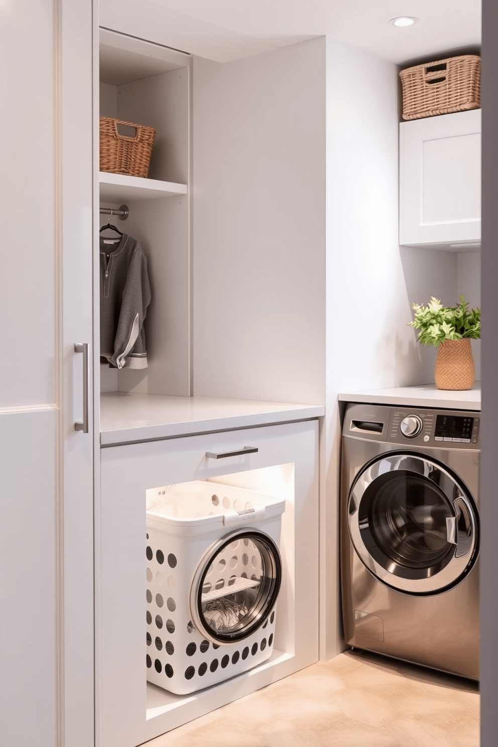 A sleek laundry area features a built-in cabinetry with an integrated laundry basket seamlessly incorporated into the design. The cabinetry is finished in a soft white hue, and the countertop above provides ample space for folding clothes. To the side, a compact washer and dryer are tucked away, maintaining a clean and organized appearance. Soft lighting illuminates the space, highlighting decorative elements like woven baskets and fresh plants.