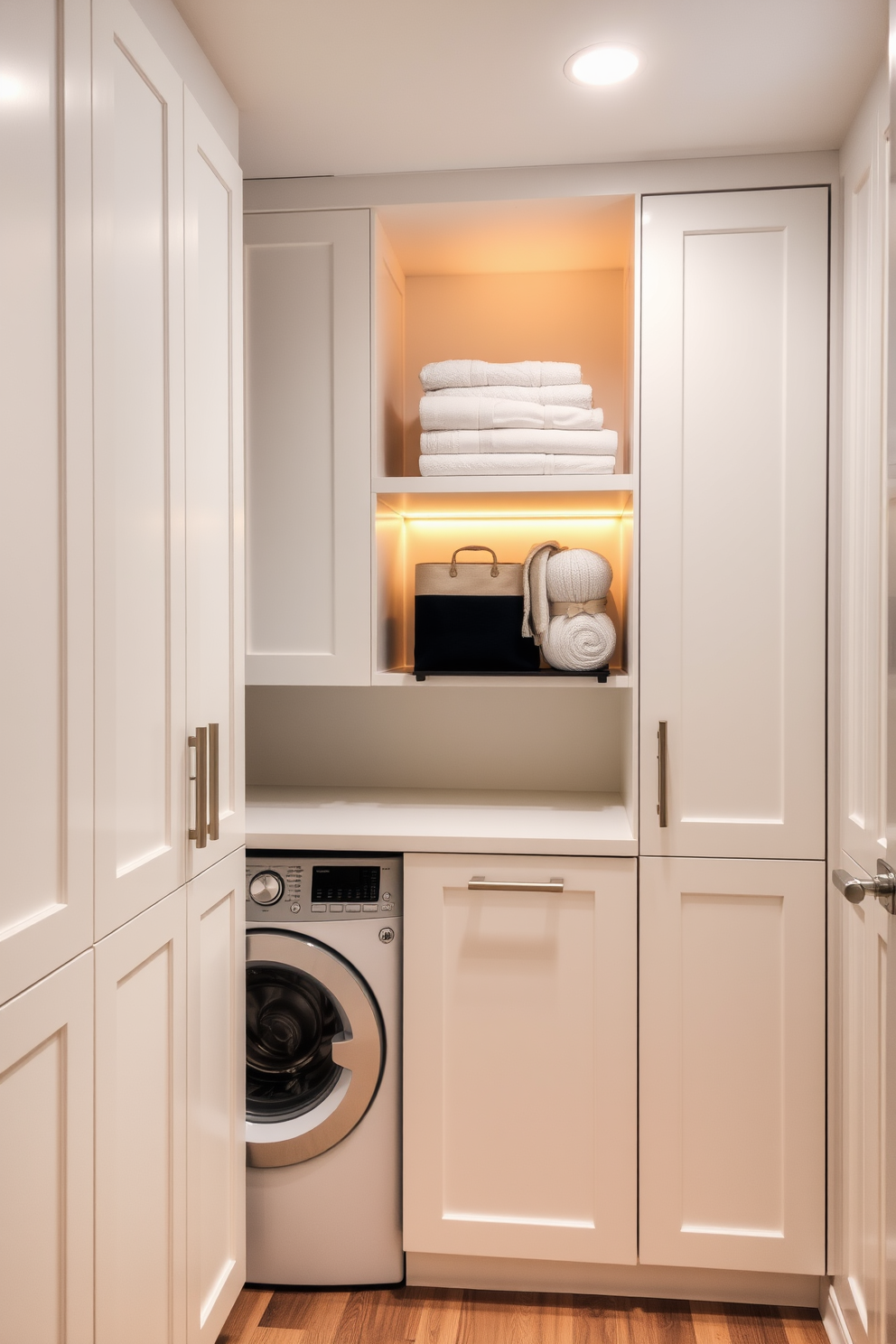 A modern laundry area seamlessly integrated into bathroom cabinetry. The cabinetry features sleek white doors with brushed nickel handles, and the washing machine is hidden behind matching panels. Above the washer, open shelving displays neatly folded towels and laundry essentials. The space is illuminated by warm LED lighting, creating a cozy atmosphere while maintaining functionality.